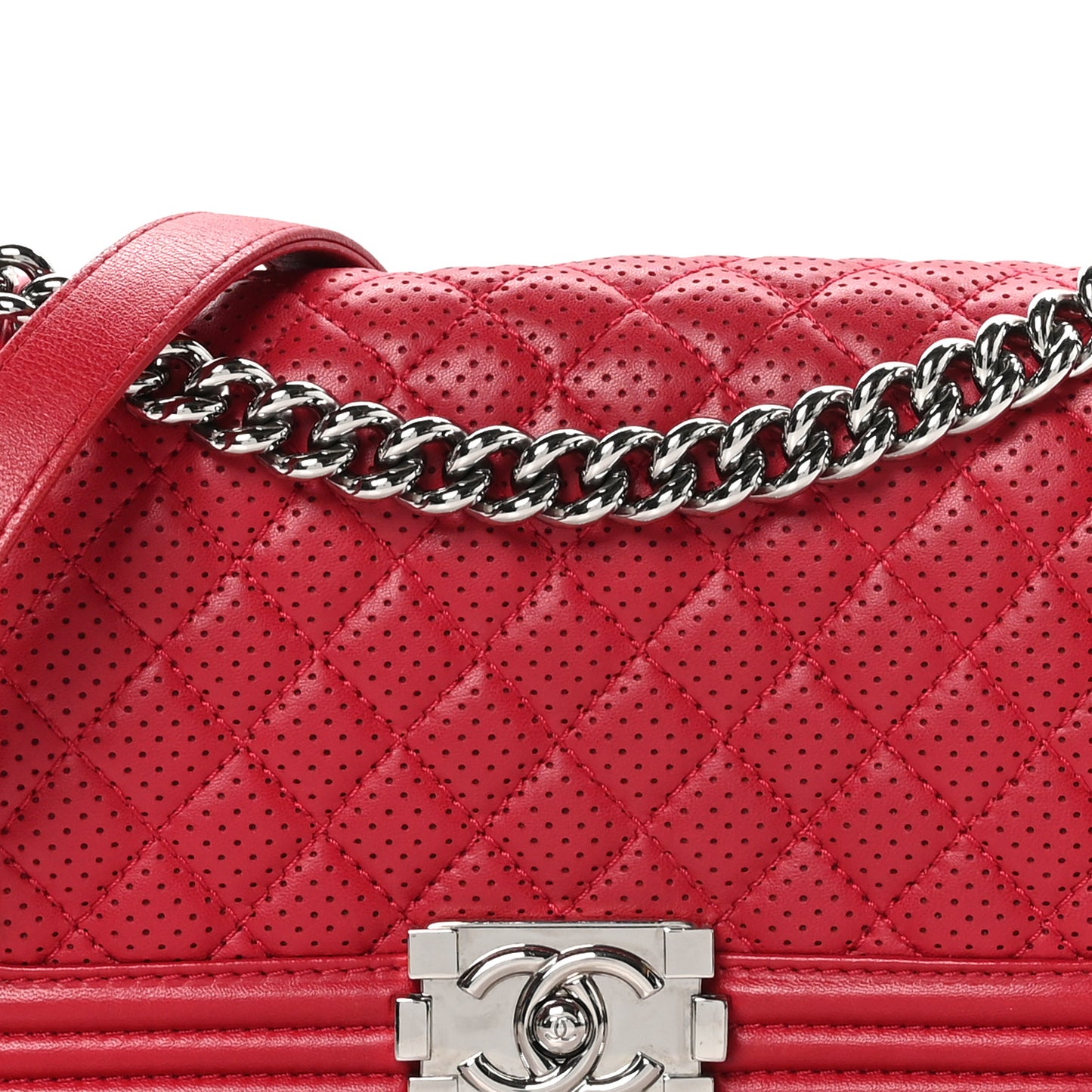 Perforated Lambskin Quilted Medium Boy Flap Red