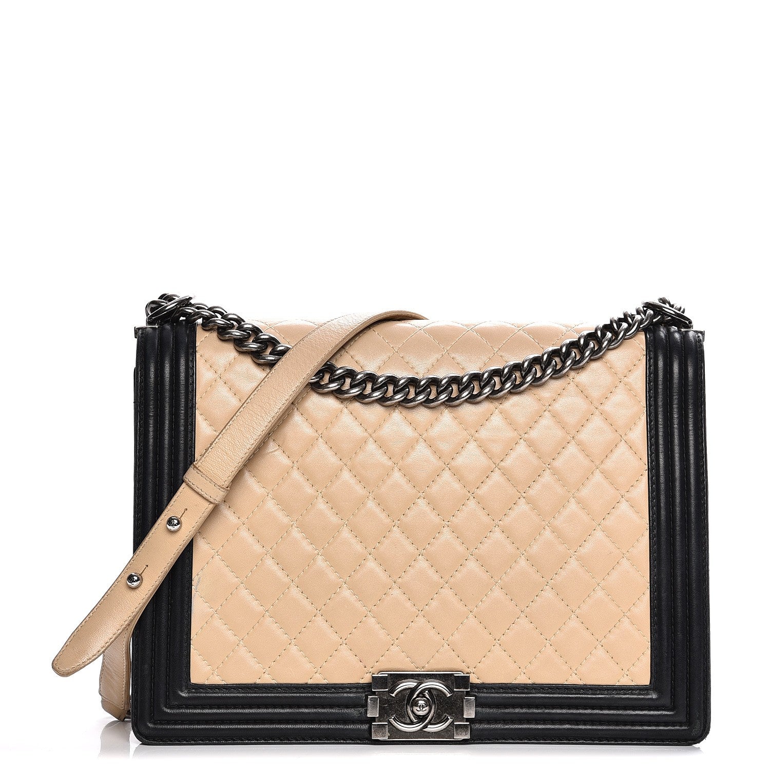 Chanel Lambskin Quilted Large Boy Flap Beige Black 1 of 20