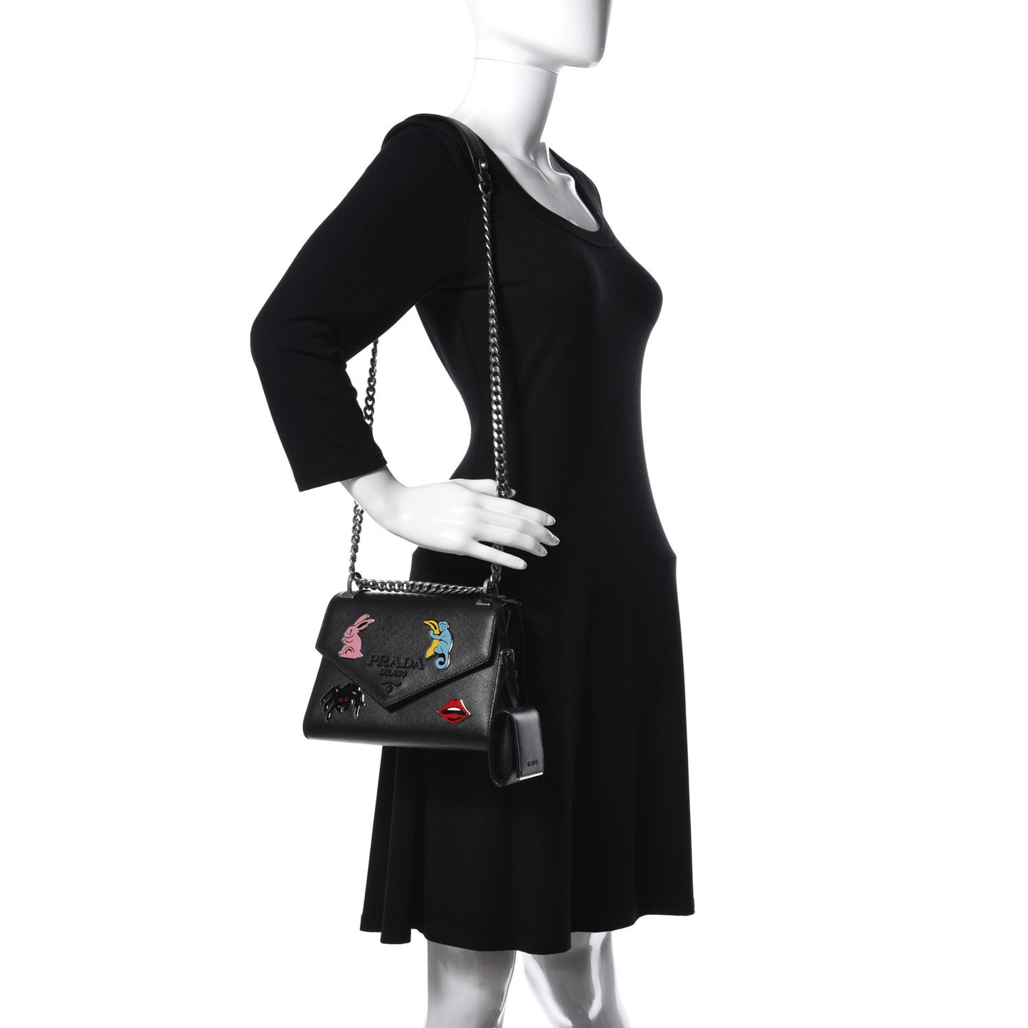 Saffiano Cuir Calfskin Monochrome Patches Envelope Flap Chain Shoulder Bag Black