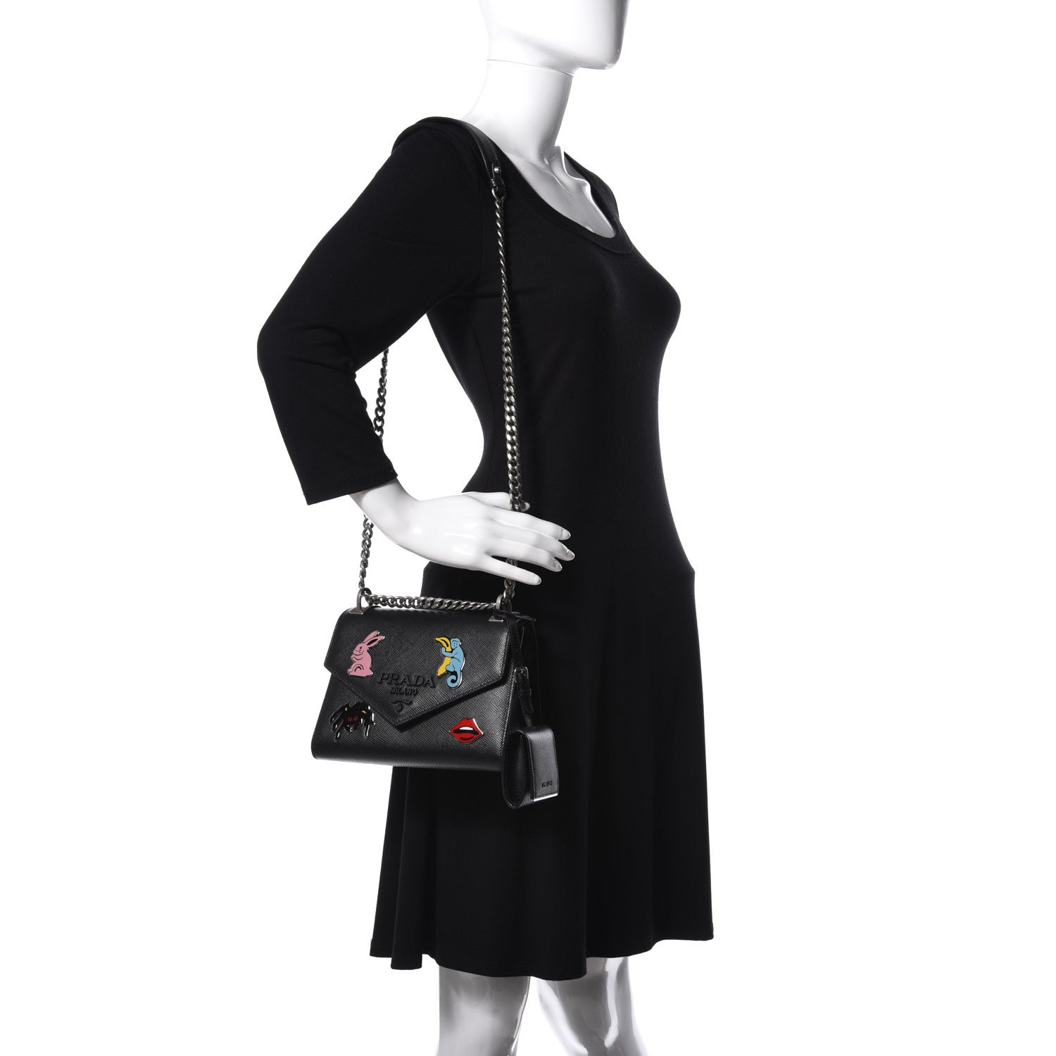 Prada Saffiano Cuir Calfskin Monochrome Patches Envelope Flap Chain Shoulder Bag Black 2 of 15