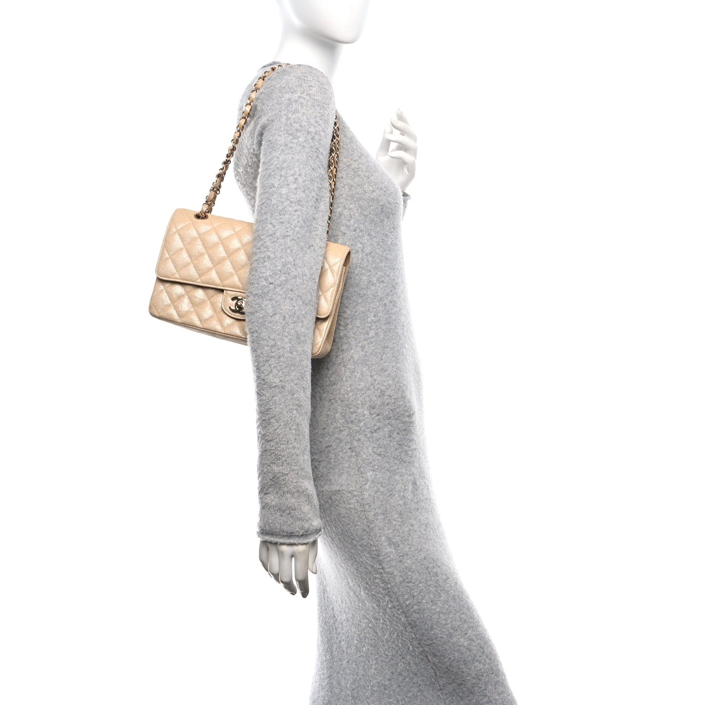 Iridescent Caviar Quilted Medium Double Flap Beige