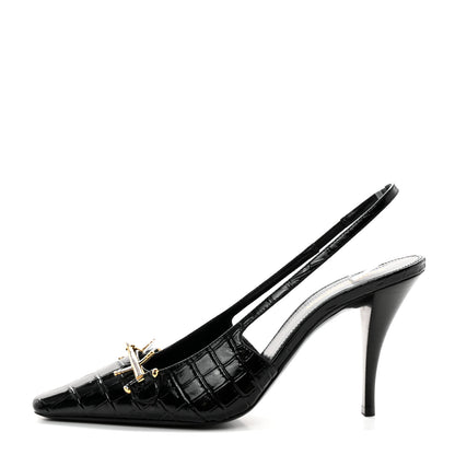 Saint Laurent Calfskin Crocodile Embossed Slingback Tom 90 Pumps 37 Black 1 of 13