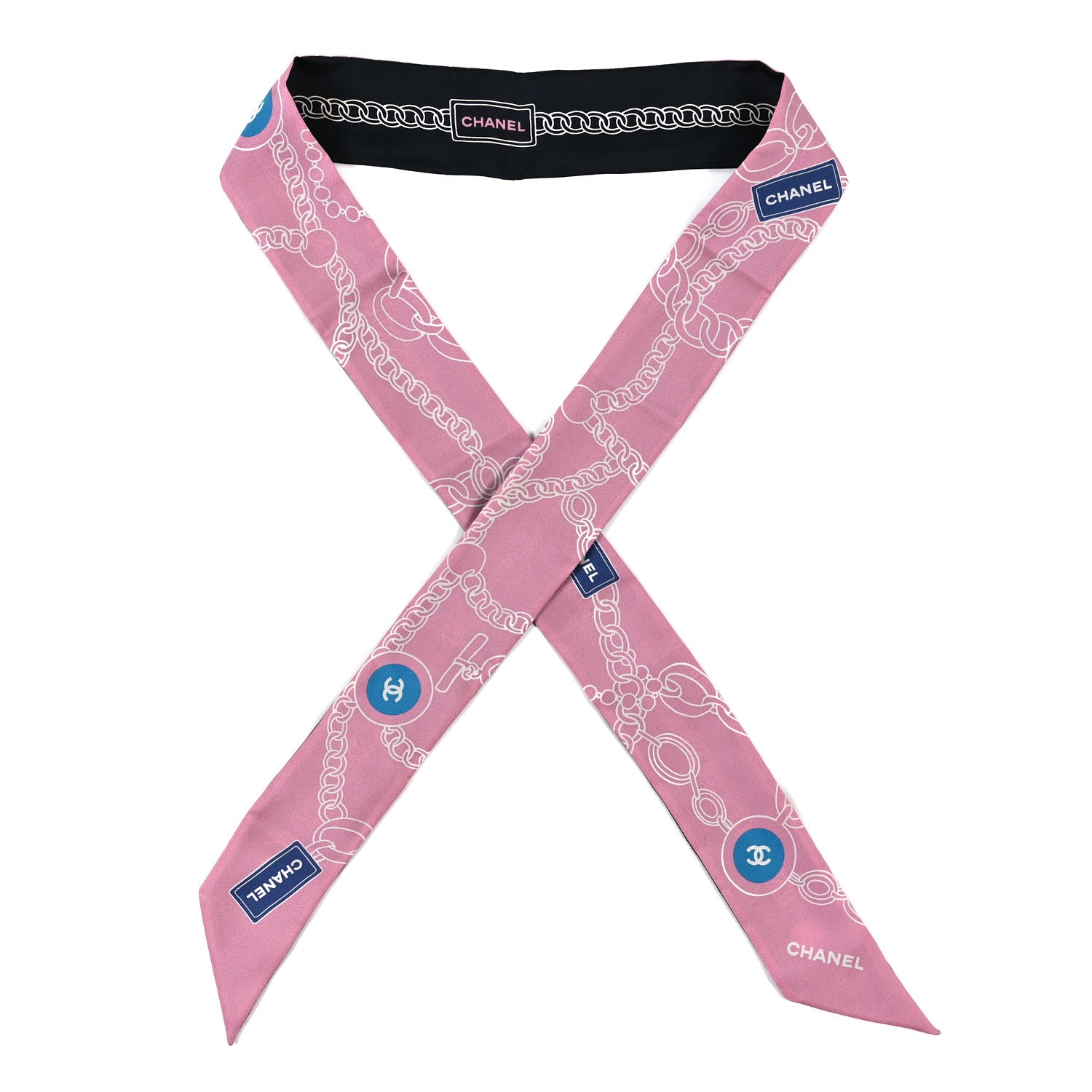 Chanel Silk CC Slim Bandeau Scarf Pink Black Blue 1 of 3