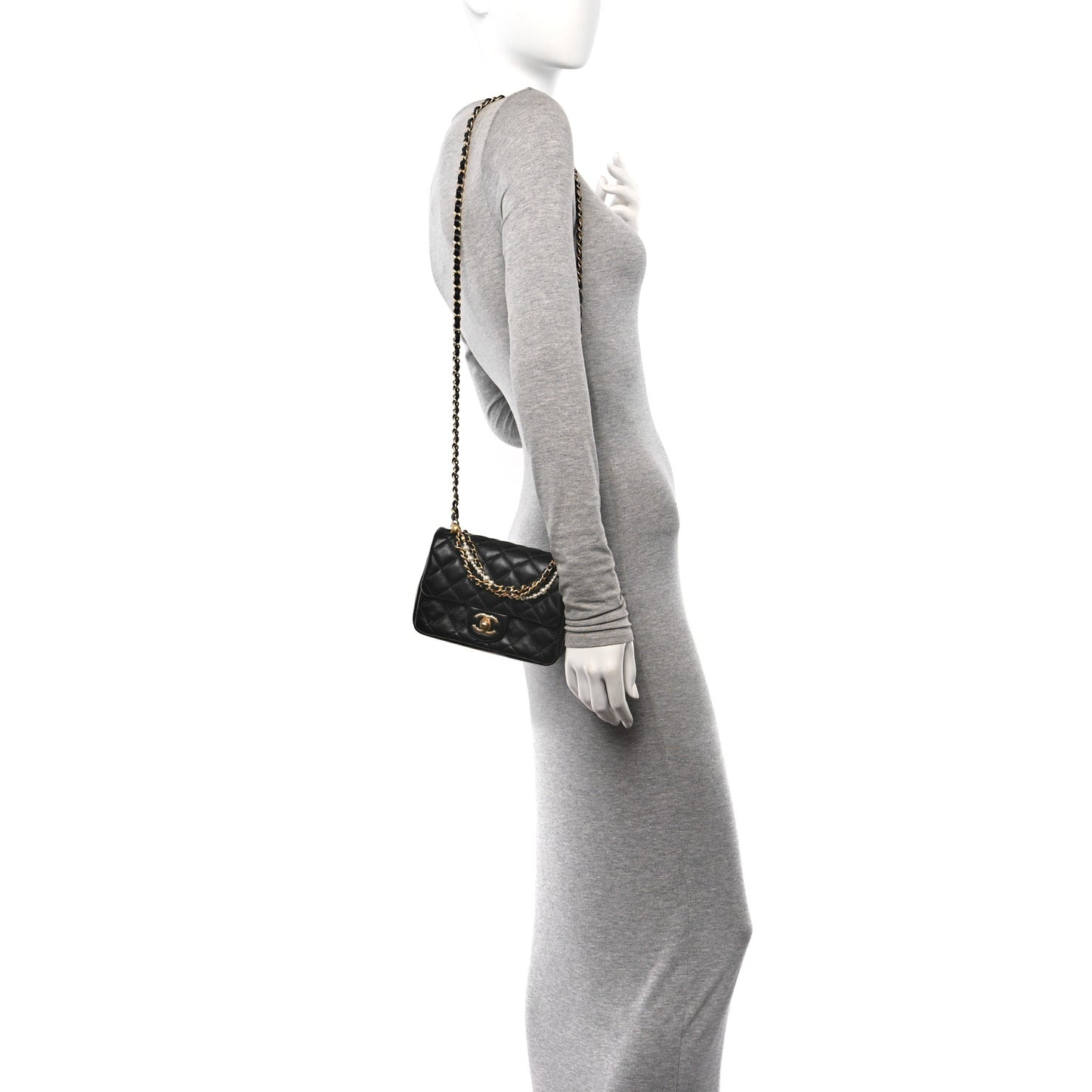 Shiny Lambskin Quilted Pearl Twist Mini Square Flap Black