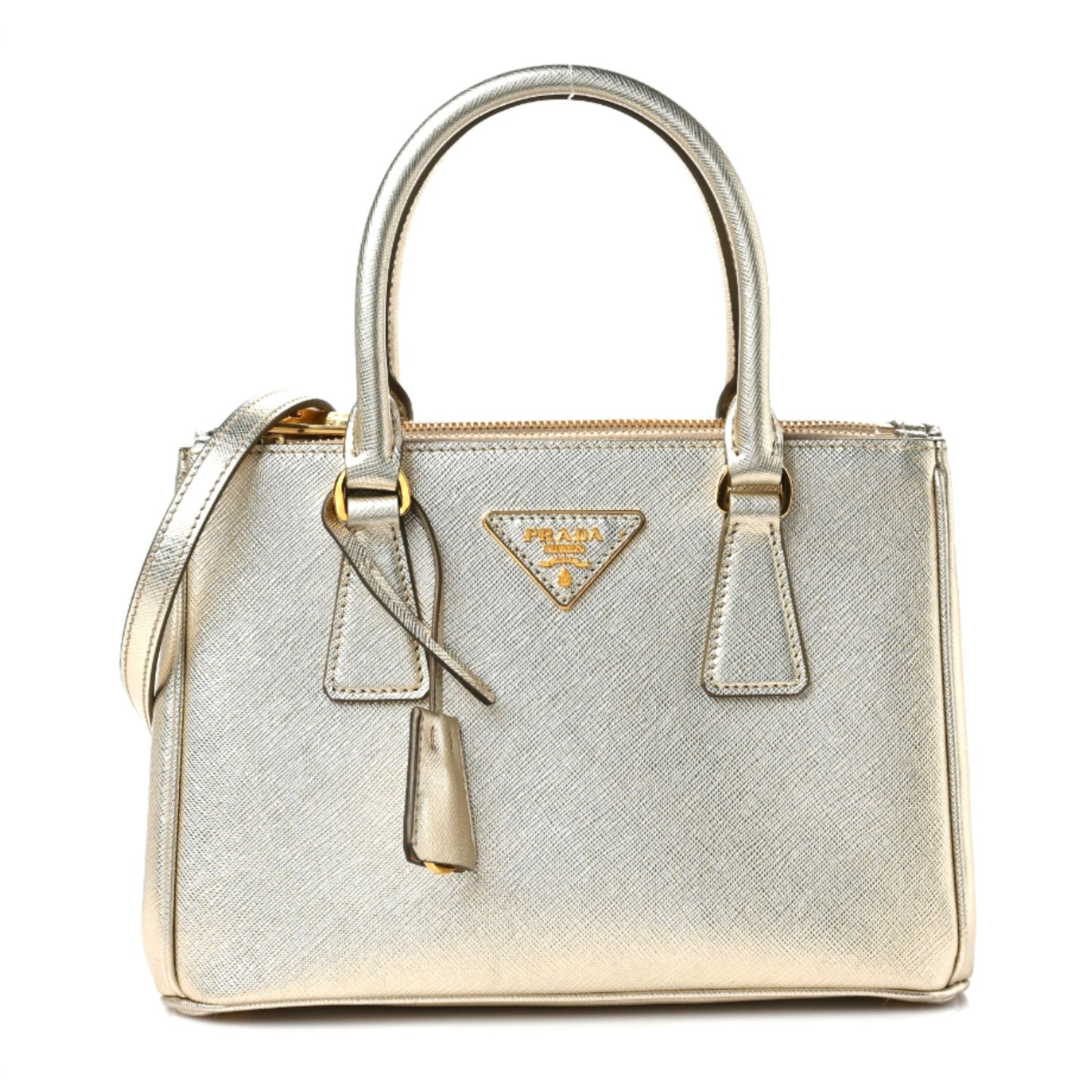 Metallic Saffiano Small Galleria Double Zip Tote Platino
