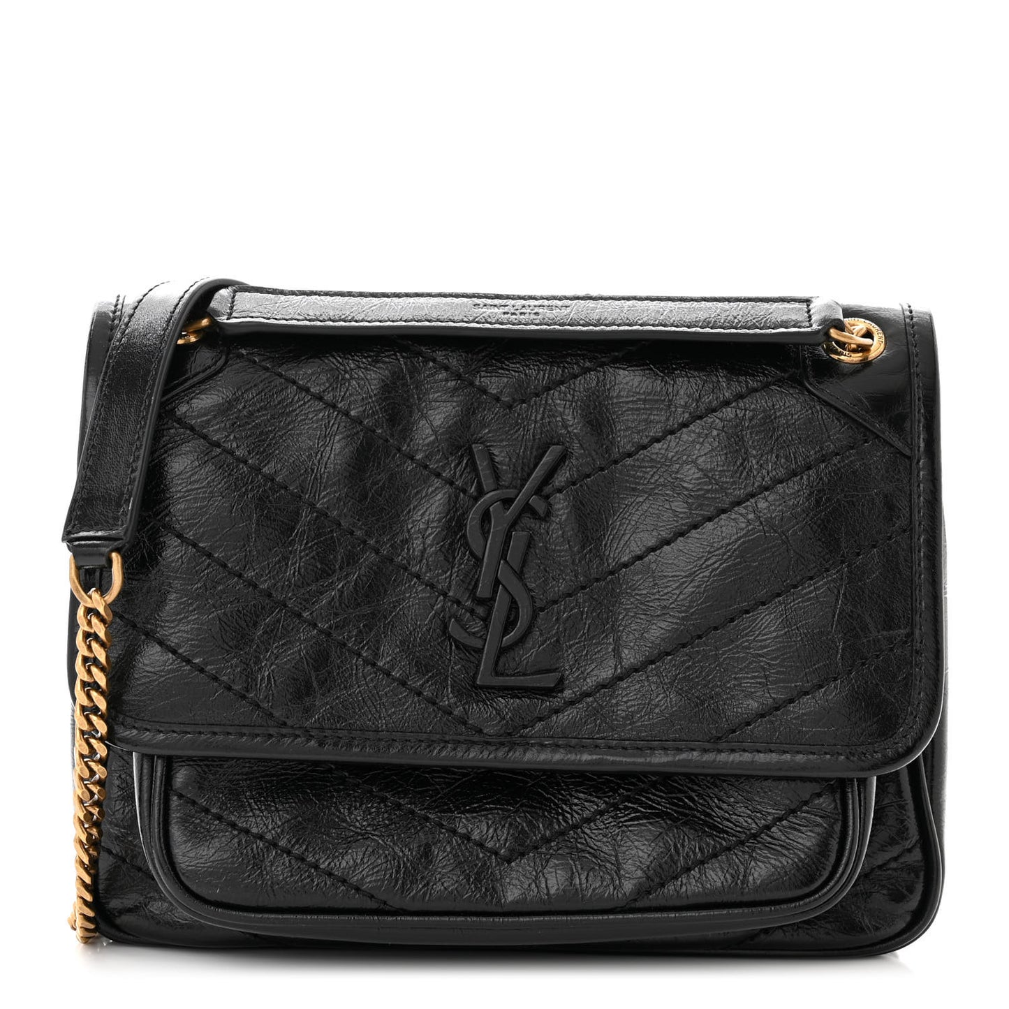 Crinkled Calfskin Matelasse Monogram Baby Niki Chain Satchel Black