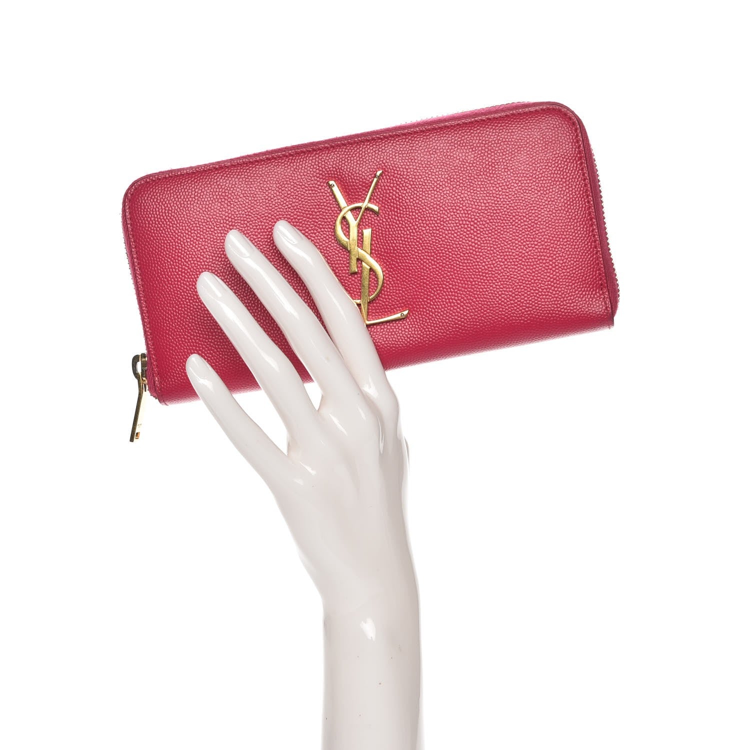 Saint Laurent Grain De Poudre Monogram Zip Around Wallet Lipstick Fuchsia 2 of 6