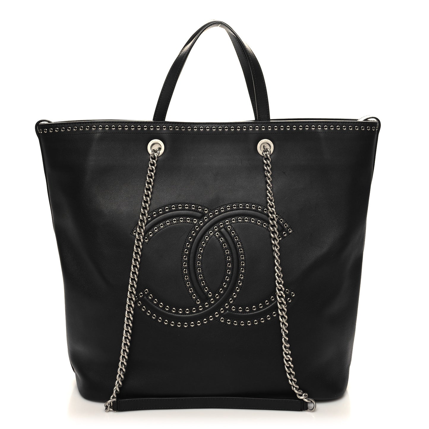 Grained Calfskin Large Coco Eyelets Shopping Tote Black