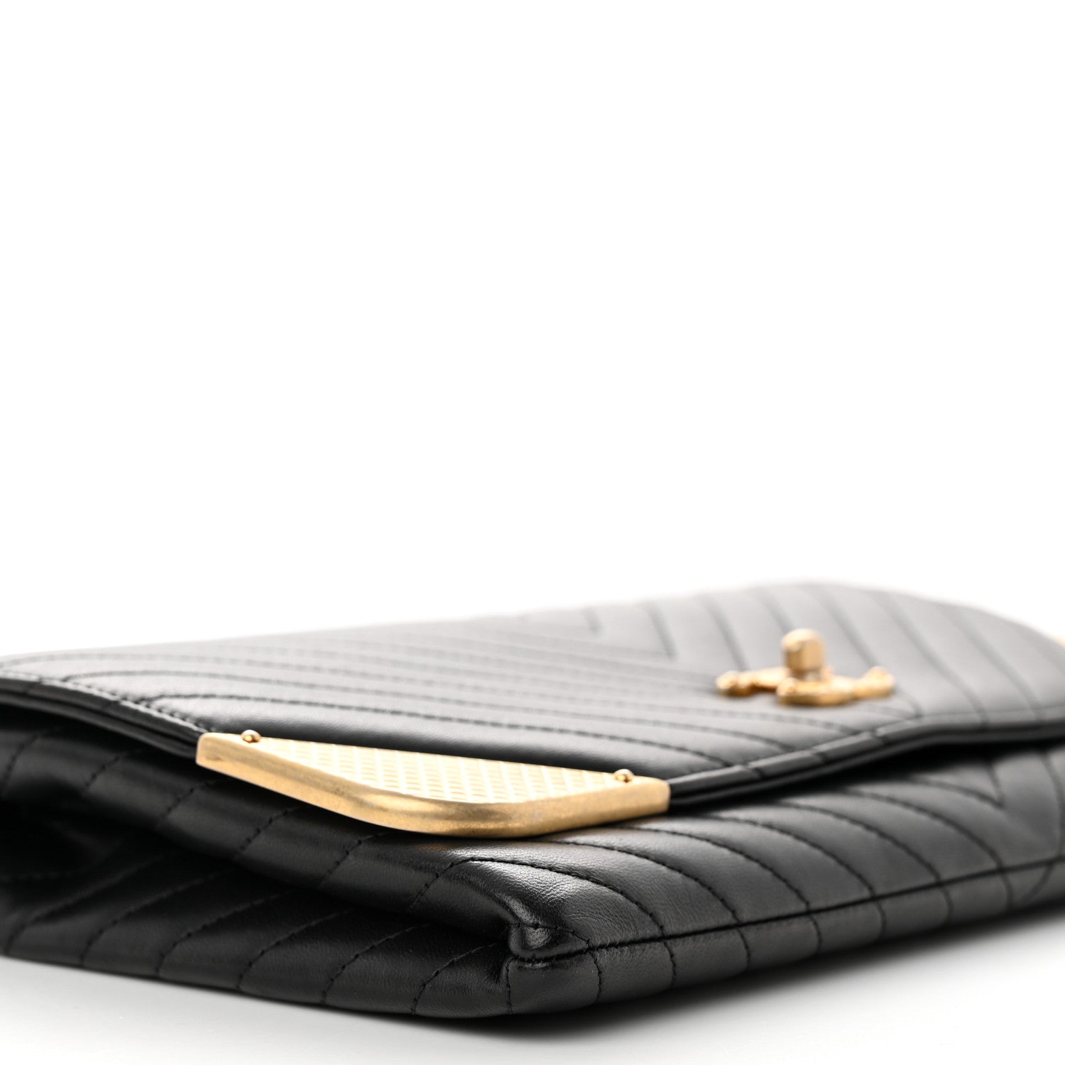 Chanel Calfskin Chevron Quilted Rock The Corner Clutch With Chain Black 6 of 13