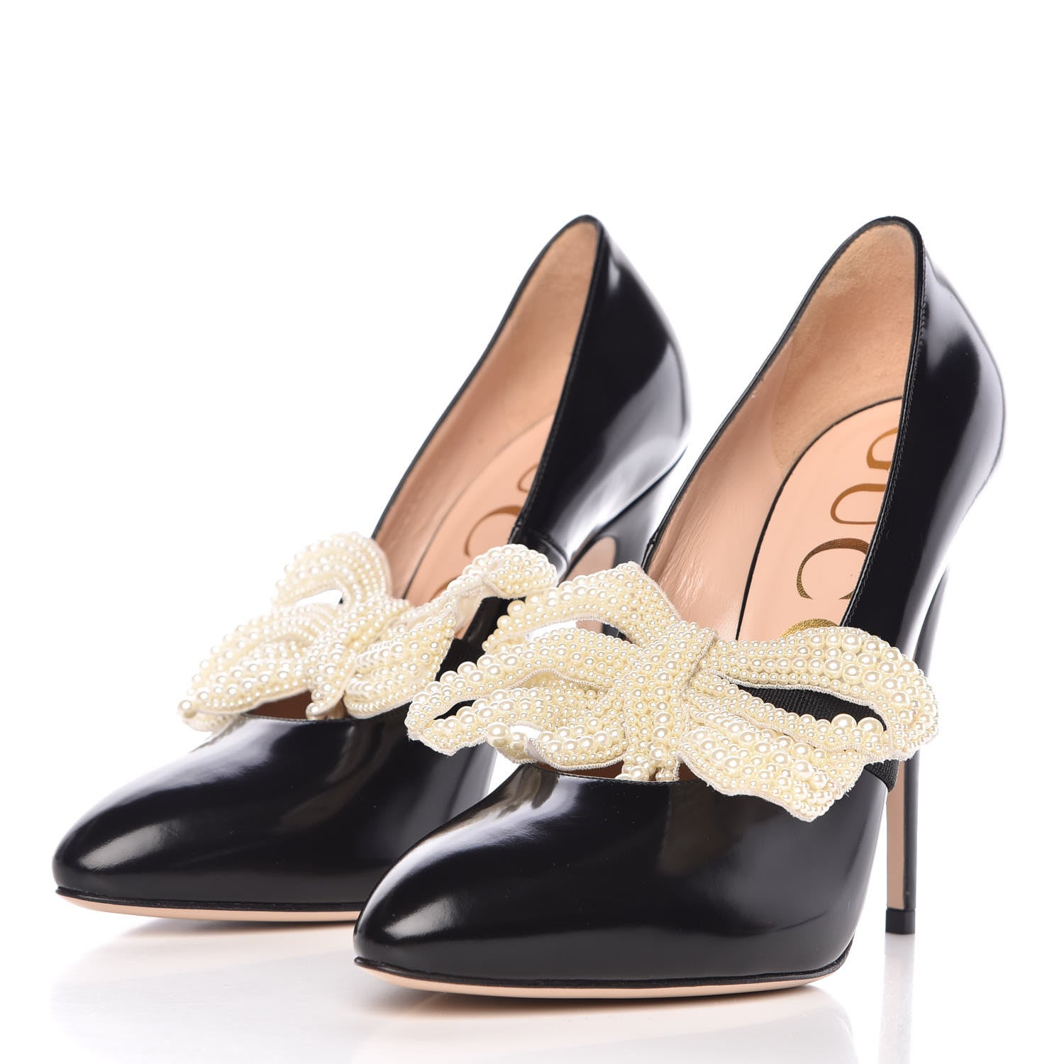 Gucci Polished Calfskin Removable Pearly Bow Elaisa Platform High Heel Pumps 37.5 Black 5 of 12