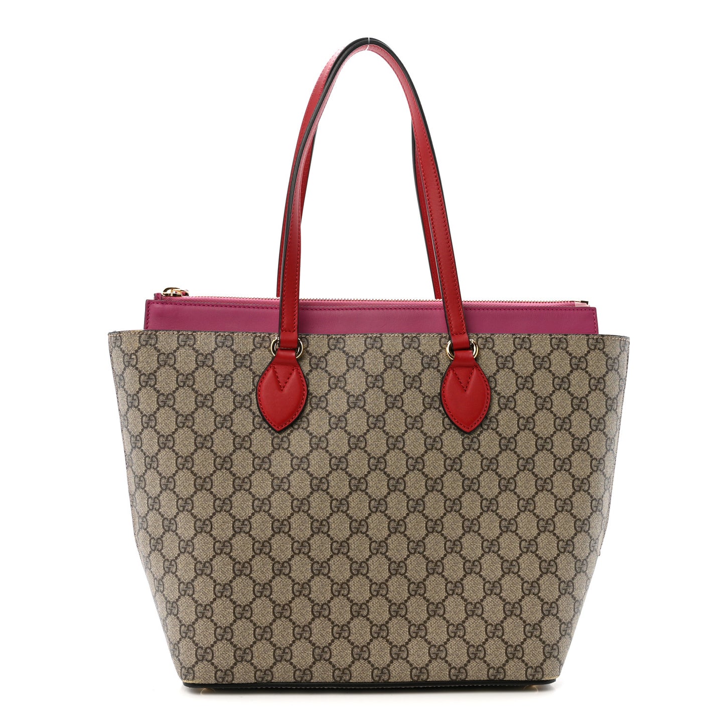 GG Supreme Monogram Medium Zippered Bucket Tote Beige Hibiscus Red New Rosette