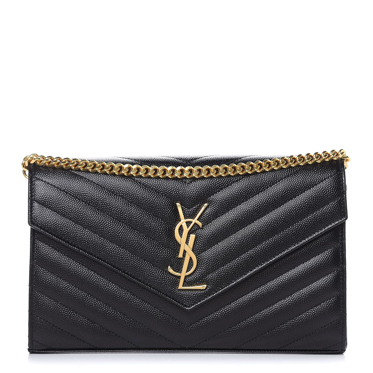 Saint Laurent Grain De Poudre Matelasse Chevron Monogram Chain Wallet Black 1 of 8