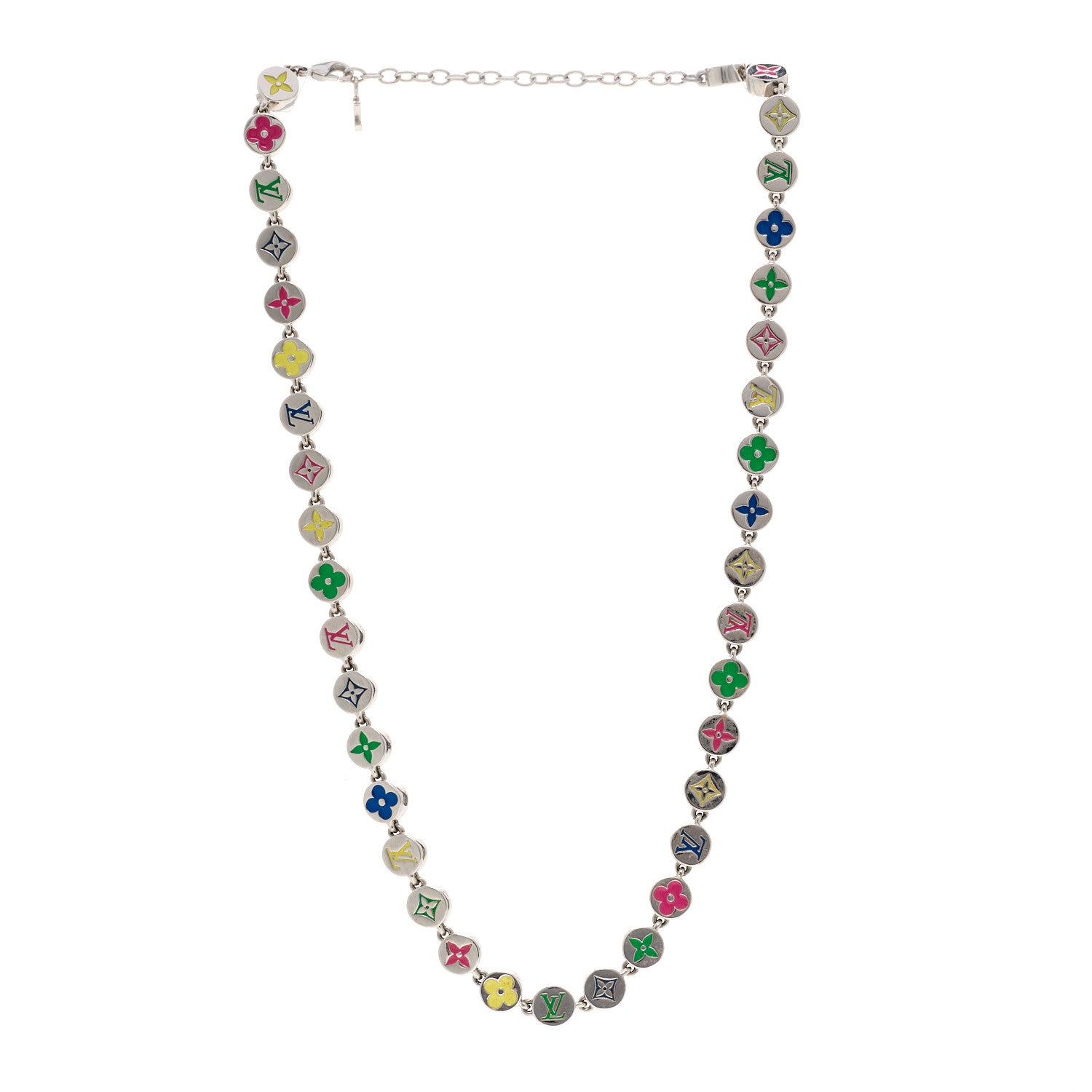 Louis Vuitton Metal Enamel Monogram Necklace Silver Multicolor 3 of 5