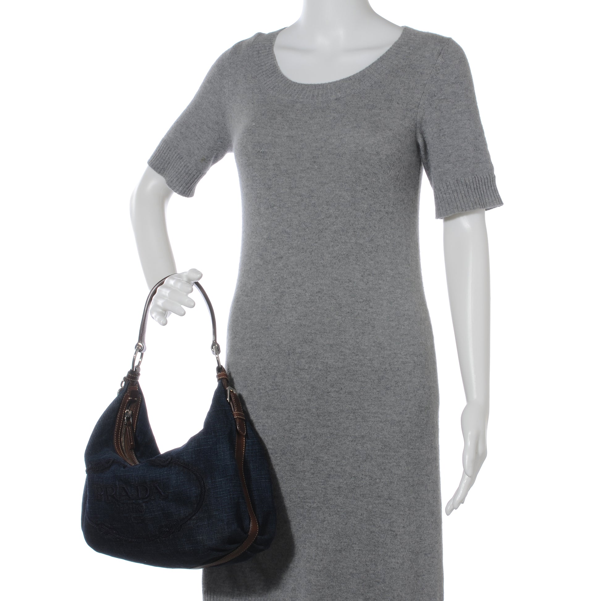 Prada Washed Denim Logo Hobo 2 of 8