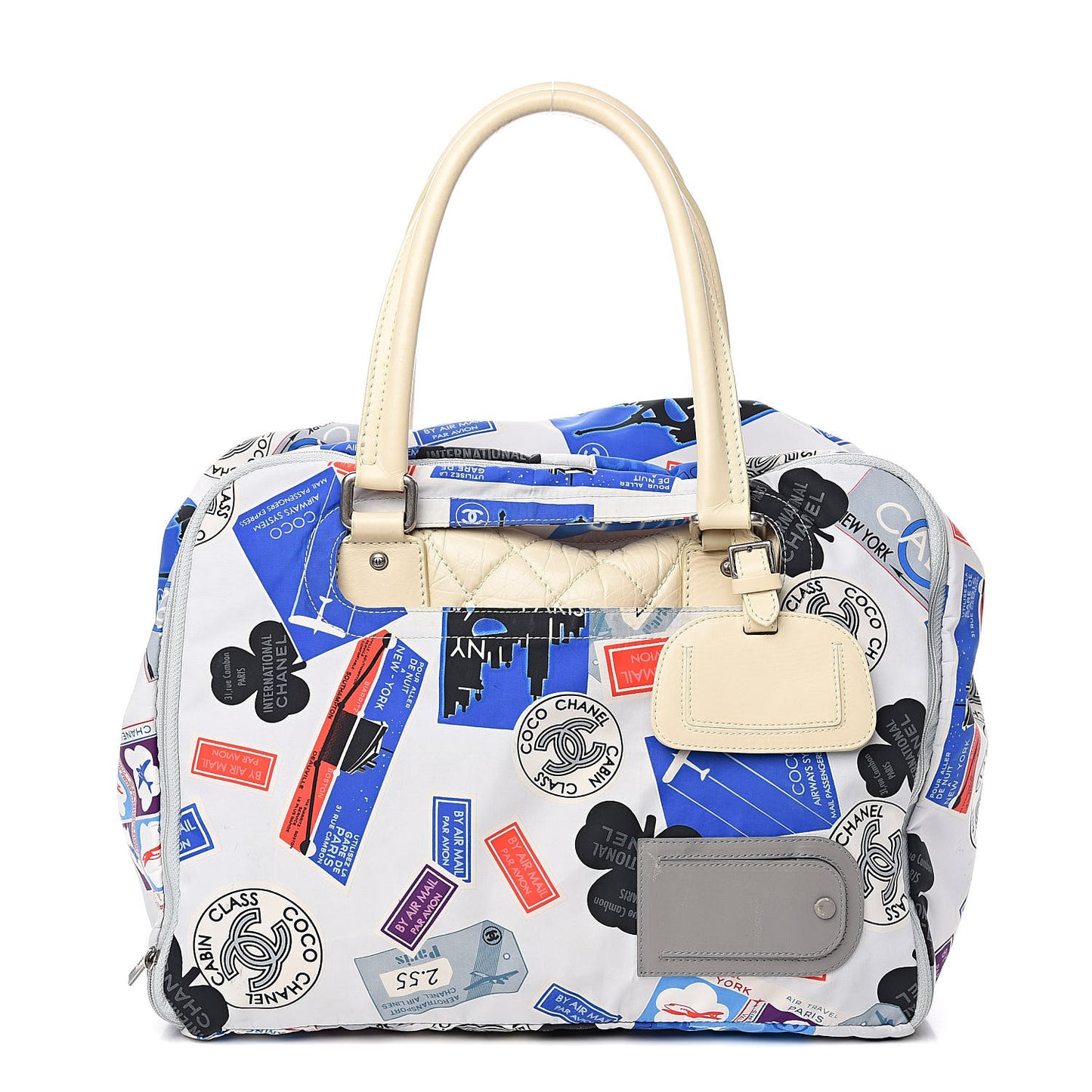 Distressed Lambskin Quilted Paris New York PNY Medium Travel Bag Ivory