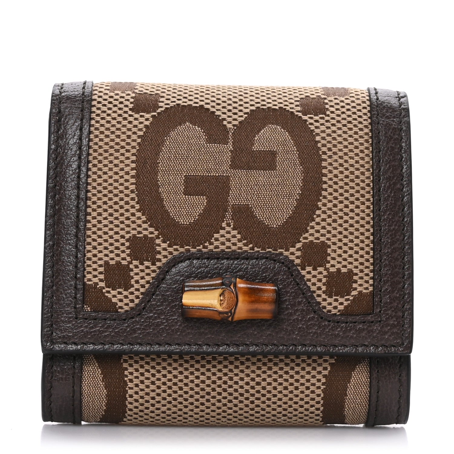 Gucci Monogram Jumbo GG Textured Dollar Calfskin Diana Compact Wallet Camel Ebony New Acero 1 of 6