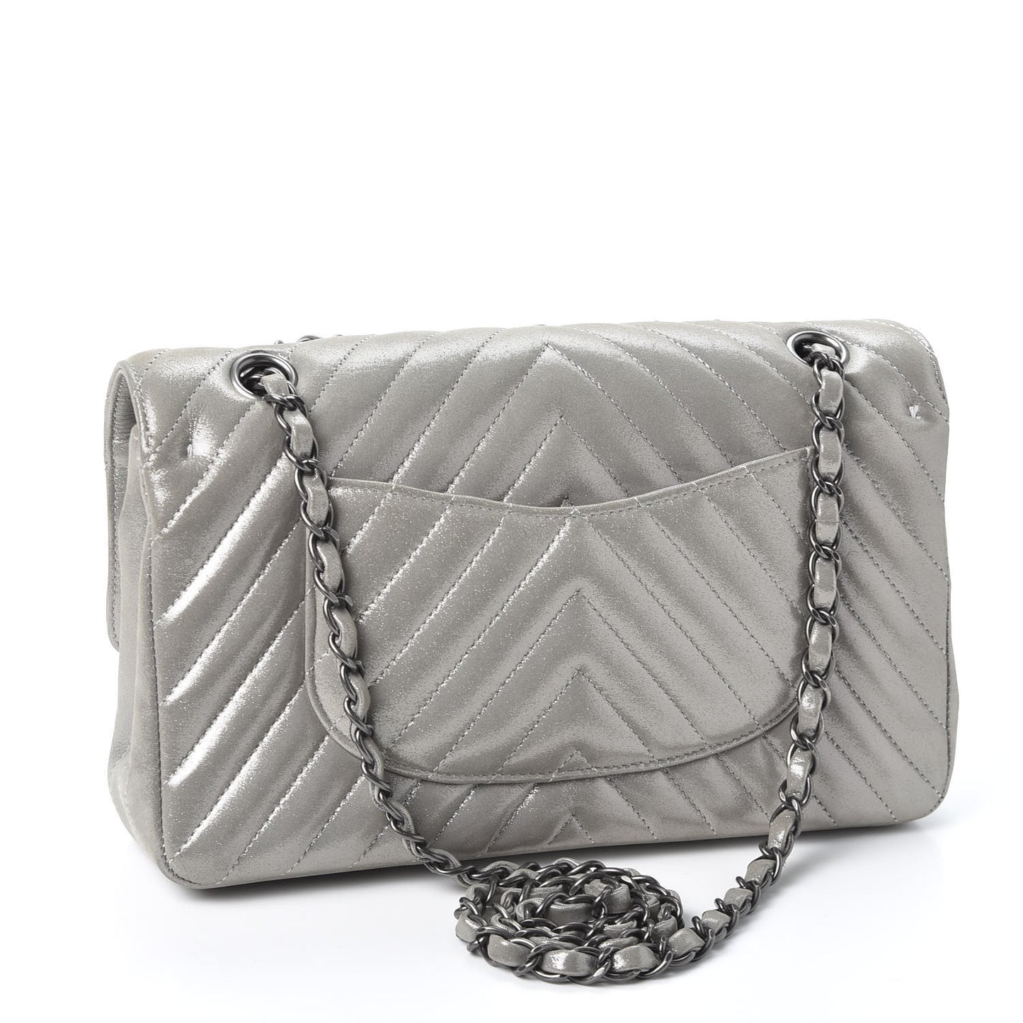 Iridescent Calfskin Chevron Quilted Medium Double Flap Silver