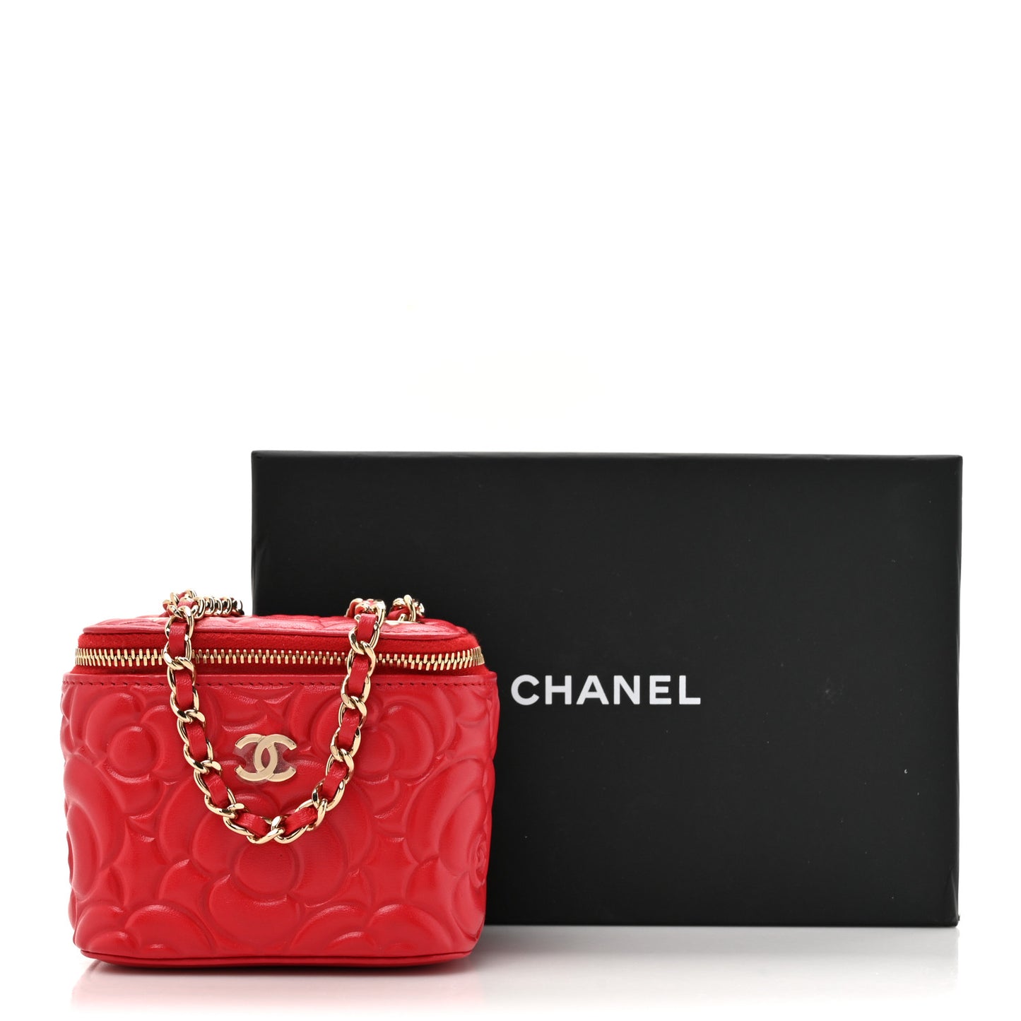 Lambskin Camellia Embossed Mini Vanity Case With Chain Red