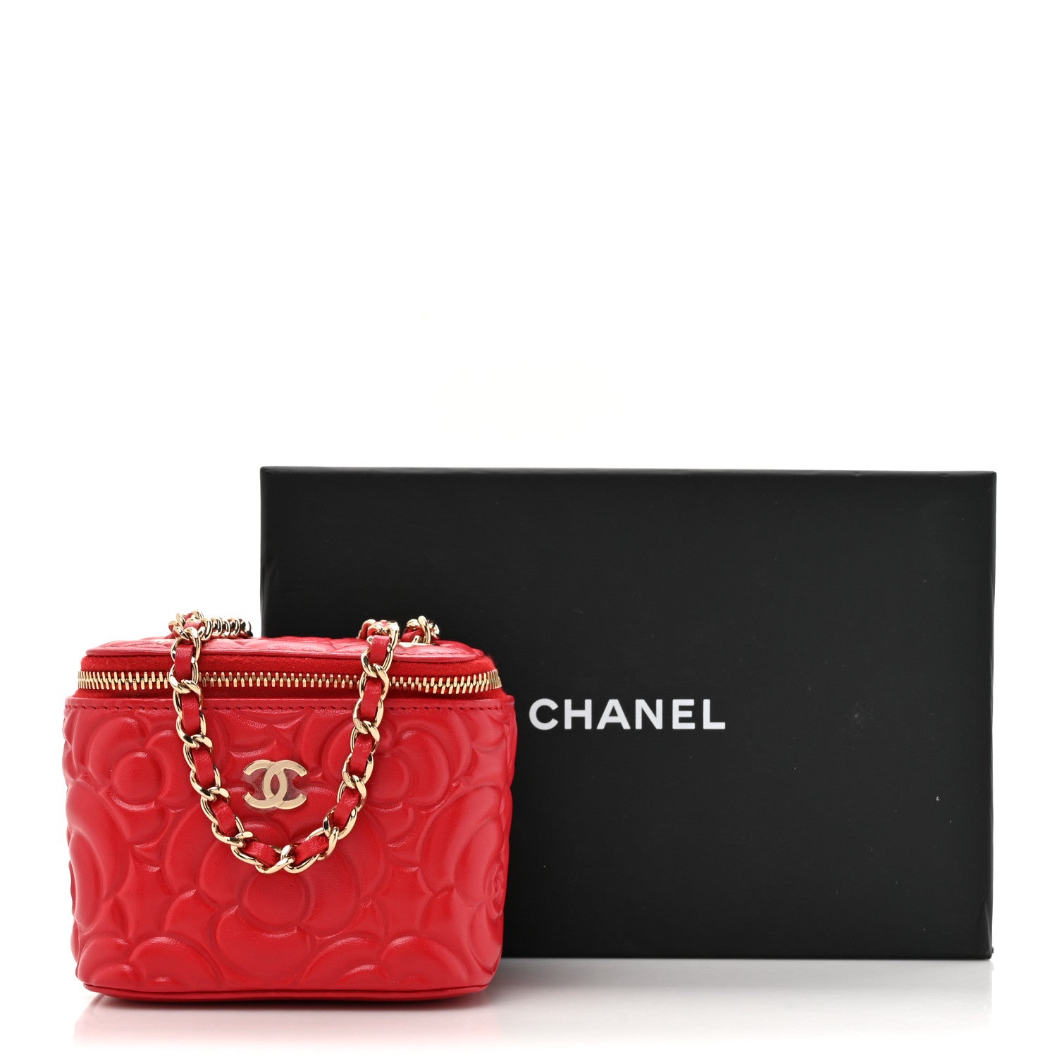 Chanel Lambskin Camellia Embossed Mini Vanity Case With Chain Red 14 of 14