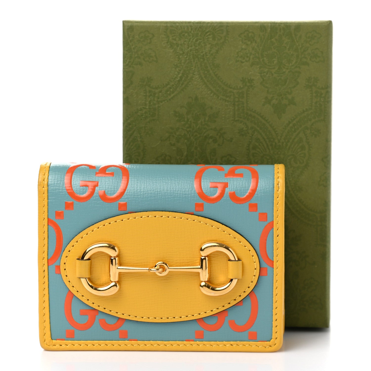 Gucci Azalea Calfskin GG Monogram Bi-Color Debossed Horsebit 1955 Card Case Wallet Dusty Azure Stone Topaz Deep Orange 8 of 8
