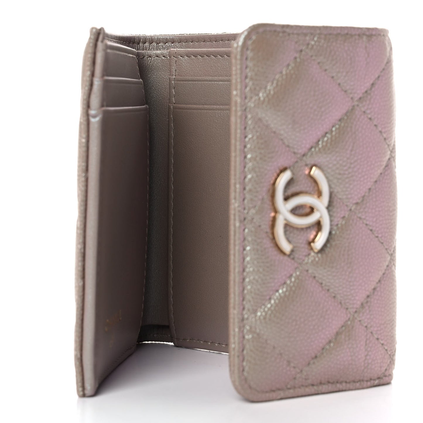 Iridescent Caviar Quilted Small Flap Wallet Beige
