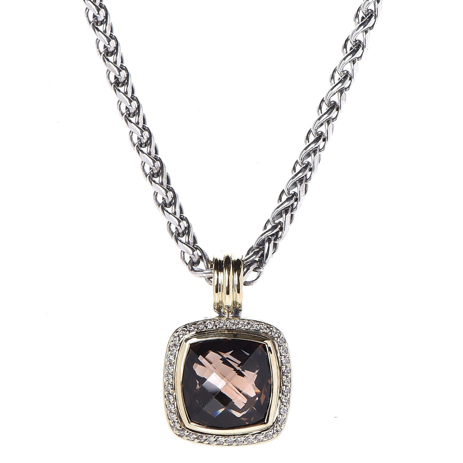 David Yurman Sterling Silver 18K Yellow Gold Smoky Quartz Diamond 14mm Albion Enhancer Wheat Chain Necklace 4 of 7