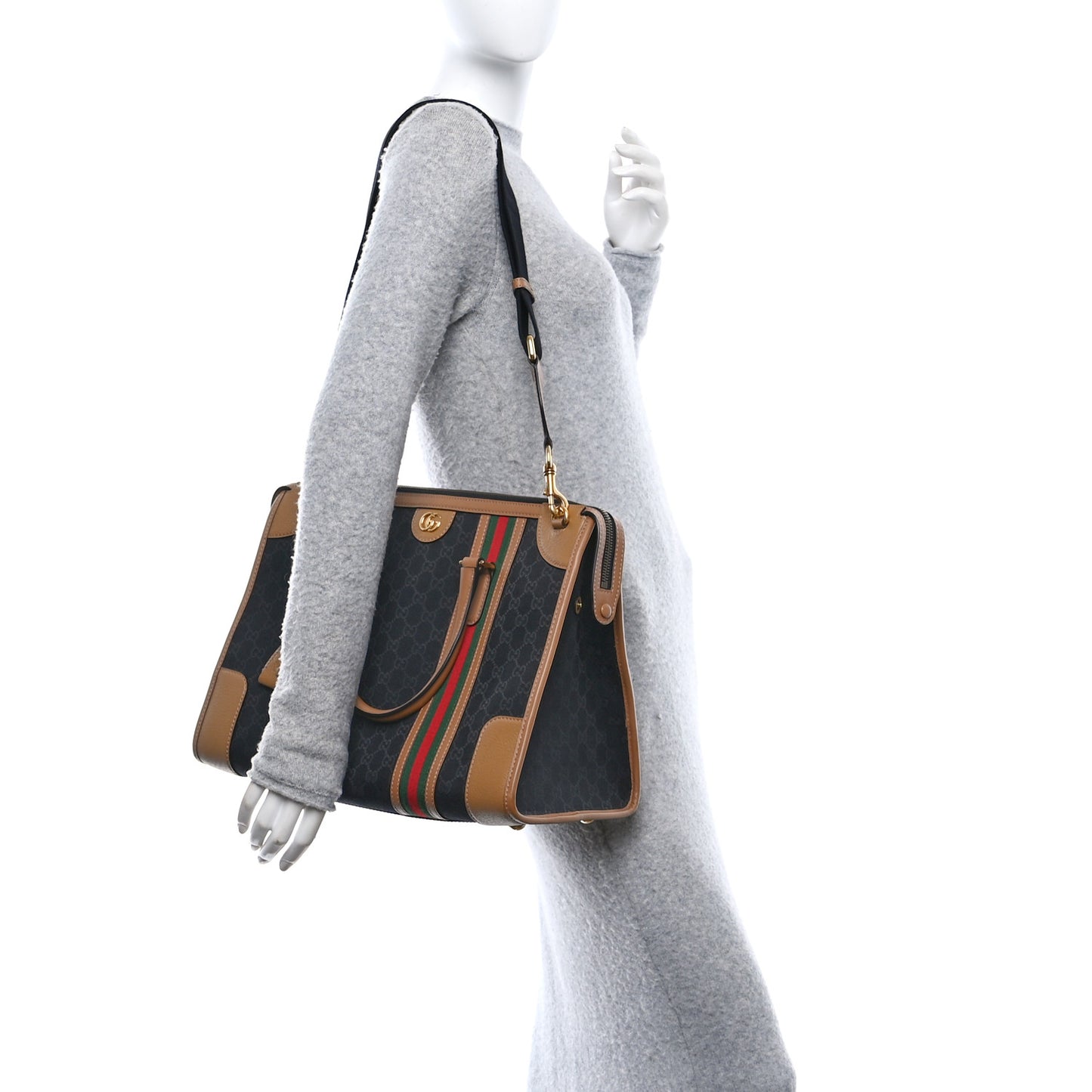 Monogram Textured Dollar Calfskin Web Large Bauletto Duffle Top Handle Bag Black Koi Beige