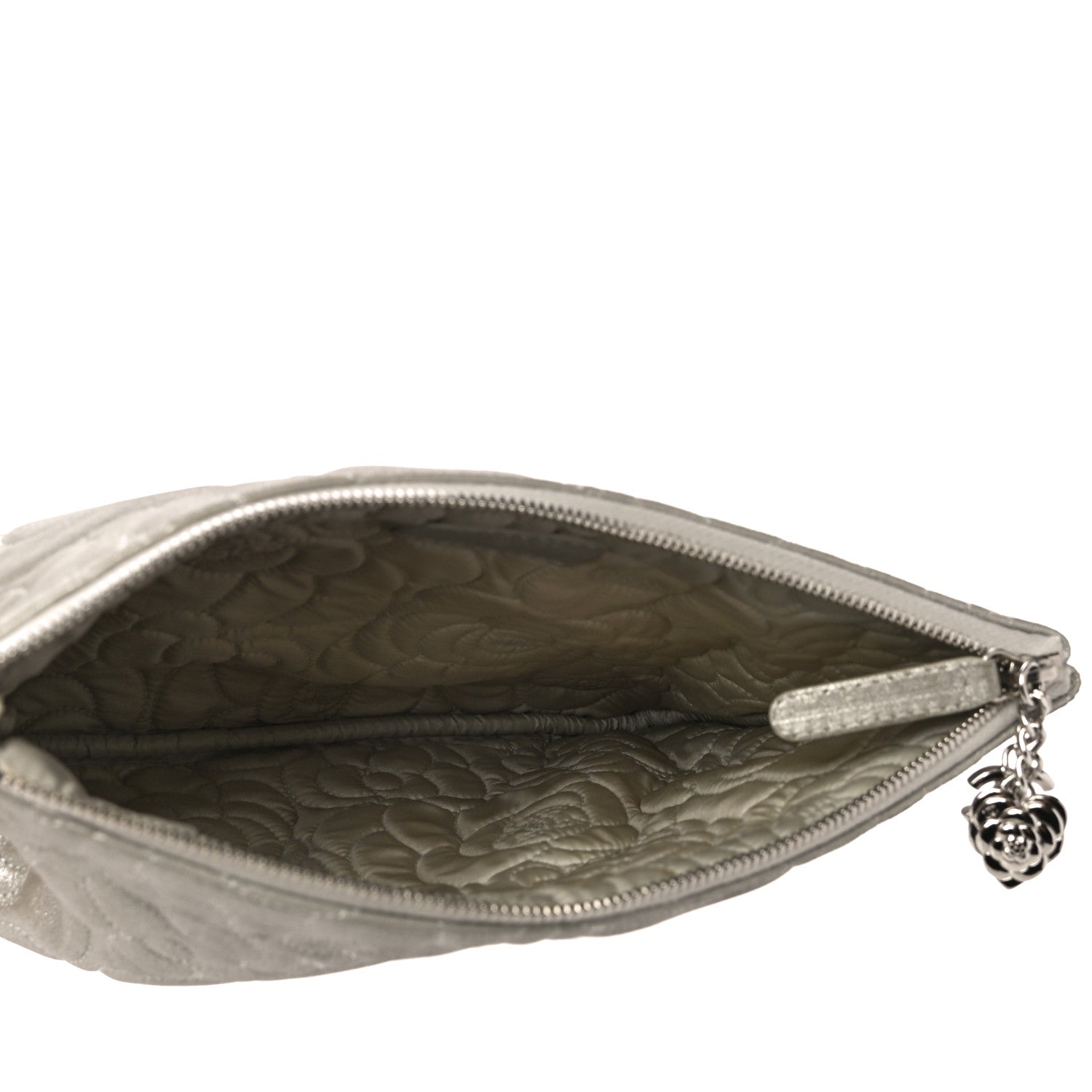 Chanel Goatskin Camellia Stitched Medium Cosmetic Case Silver 5 of 11