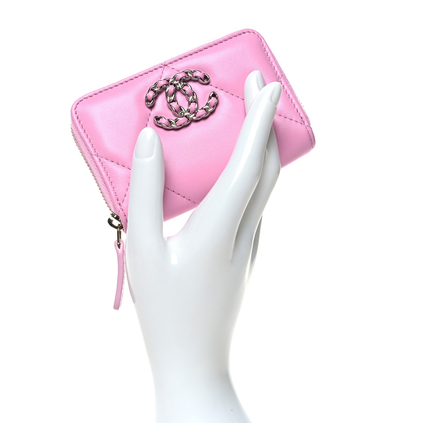 Lambskin Quilted Chanel 19 Zip Around Coin Purse Wallet Light Pink