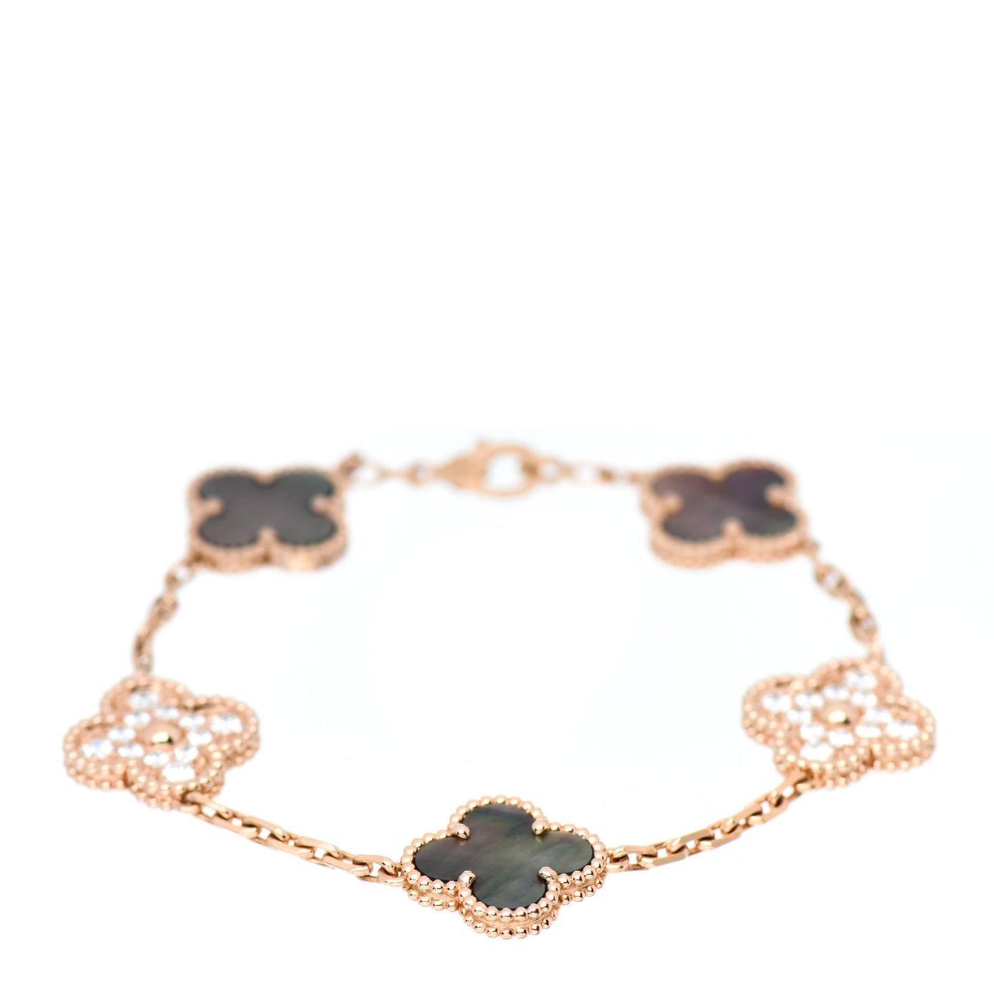 18K Rose Gold Diamond Gray Mother of Pearl 5 Motifs Vintage Alhambra Bracelet