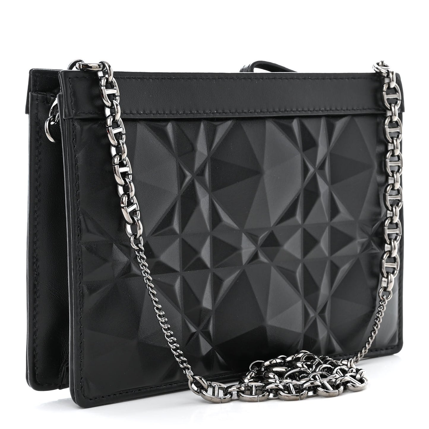 Calfskin Macrocannage Diamond Caro Zipped Pouch With Chain Black