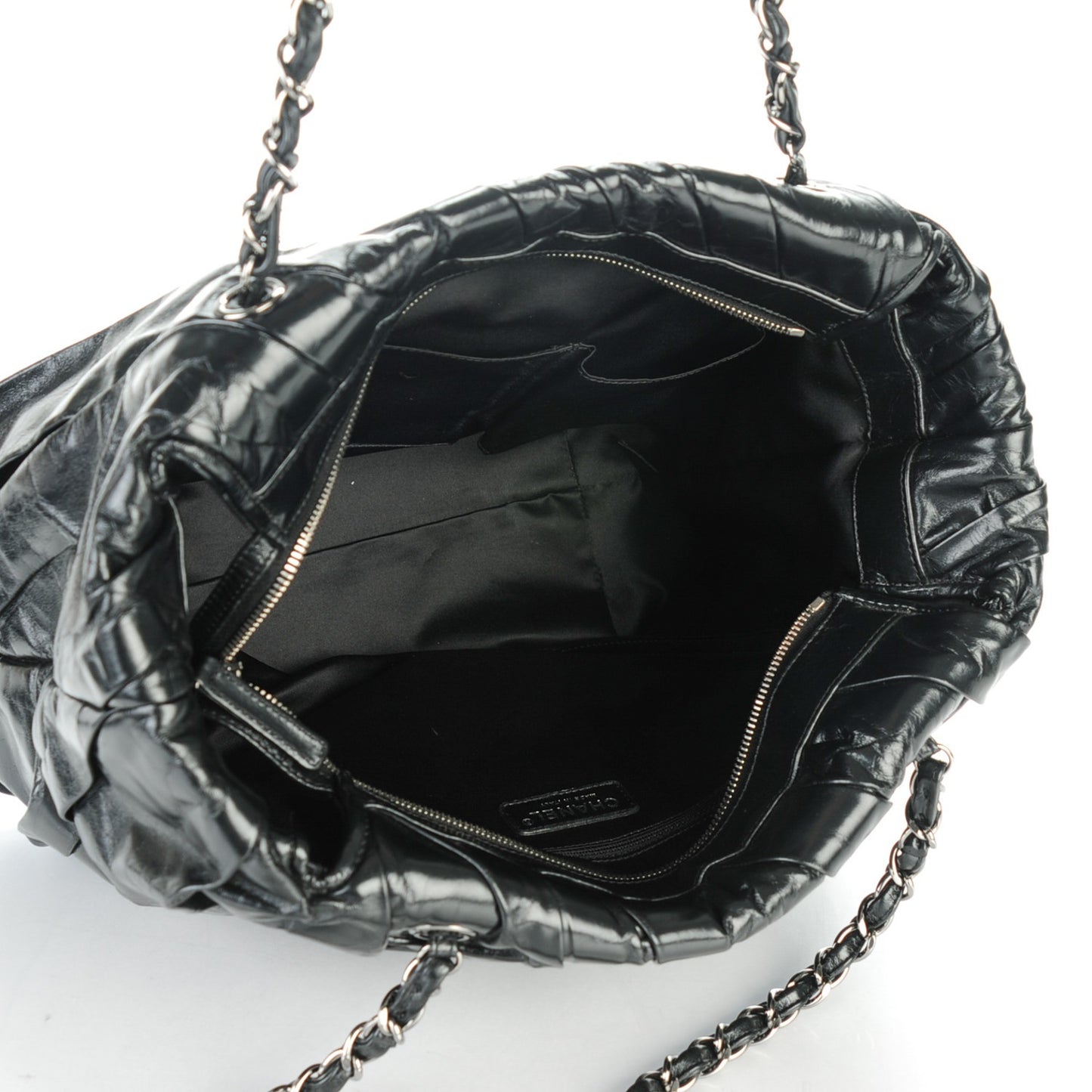 Glazed Calfskin Twisted Large Tote Black