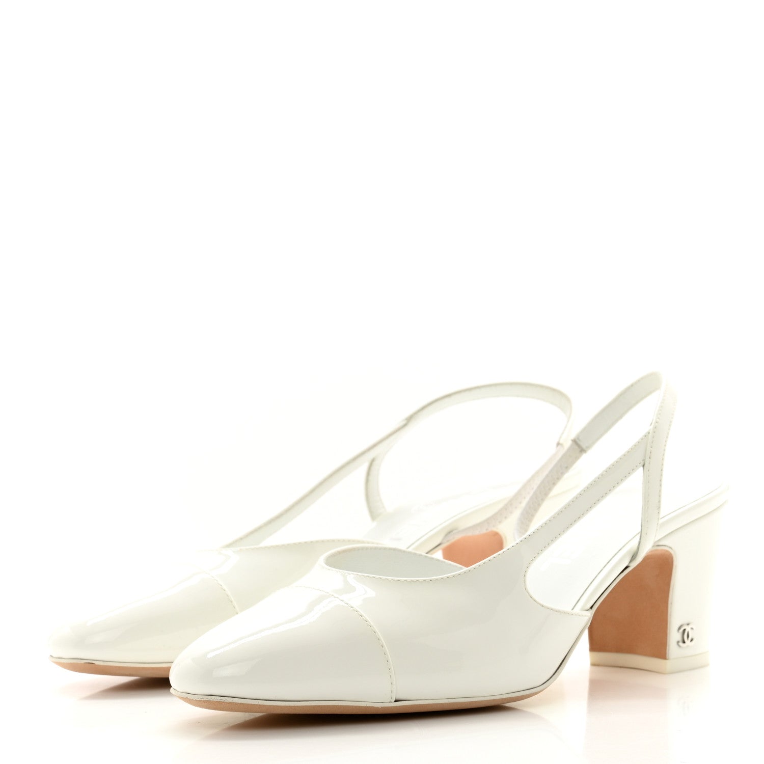 Chanel Patent Calfskin Cap Toe CC Slingback Pumps 38 White 3 of 8