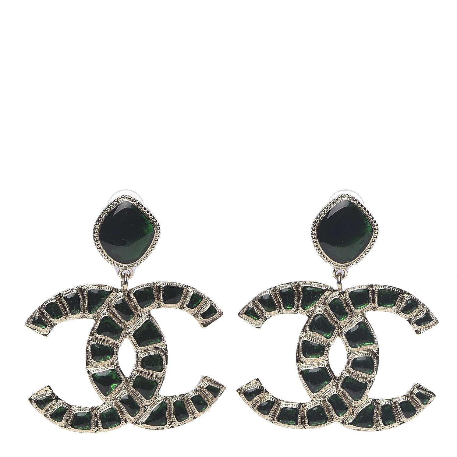 Chanel Metal Gripoix Along The Nile Clip On Earrings Gold Green 1 of 5