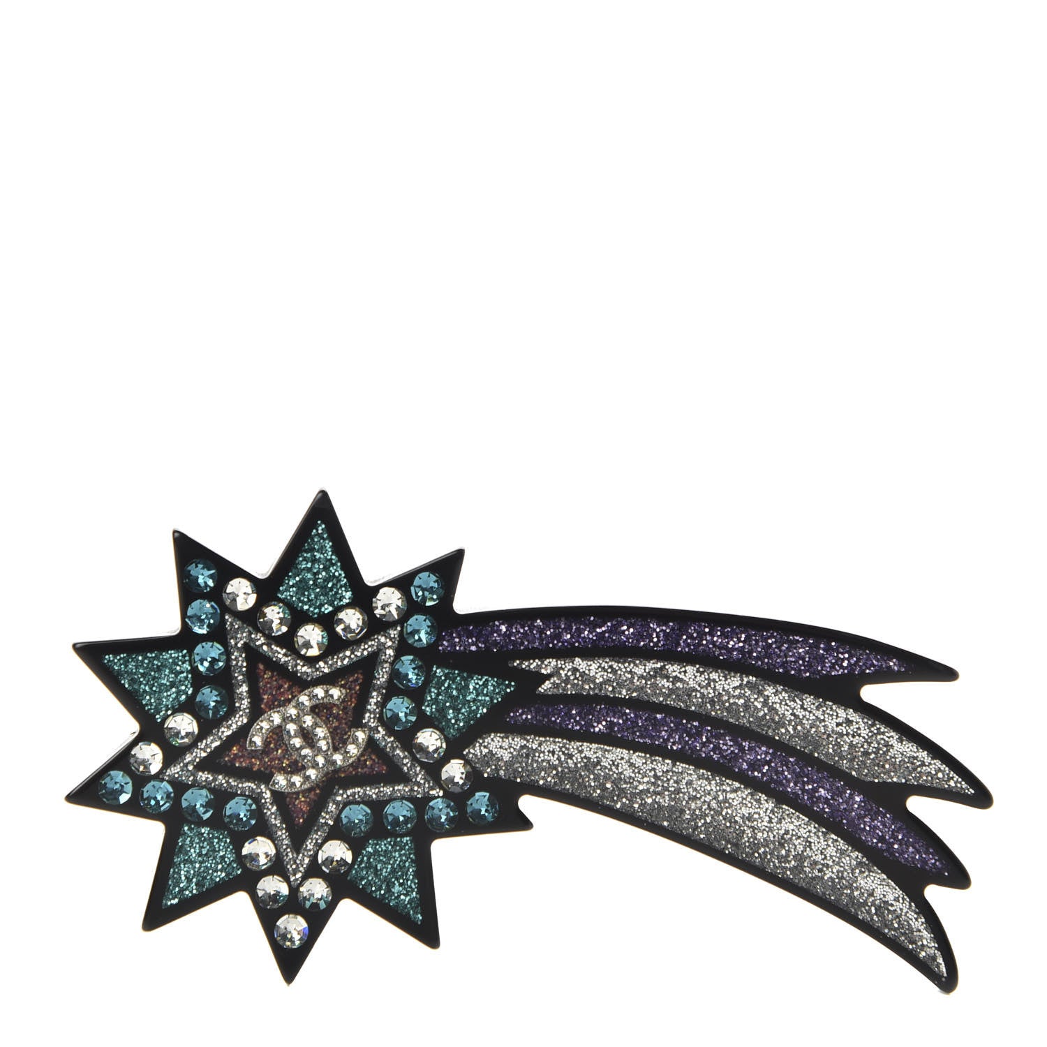 Chanel Glittered Resin Strass Shooting Star Brooch Black Purple Green 1 of 5