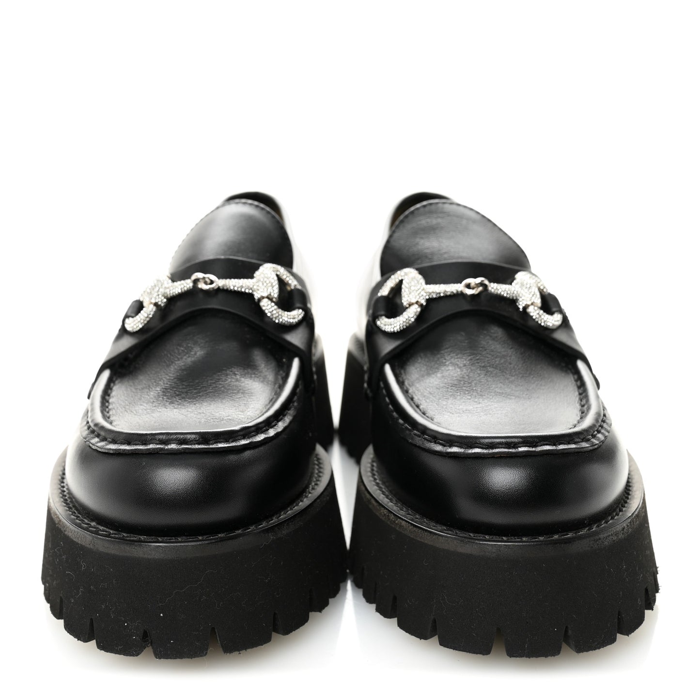 Calfskin Crystal Womens Horsebit Platform Lug Sole Loafers 37.5 Black