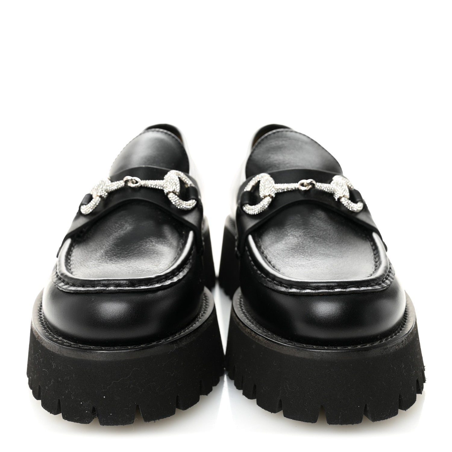 Gucci Calfskin Crystal Womens Horsebit Platform Lug Sole Loafers 37.5 Black 2 of 10