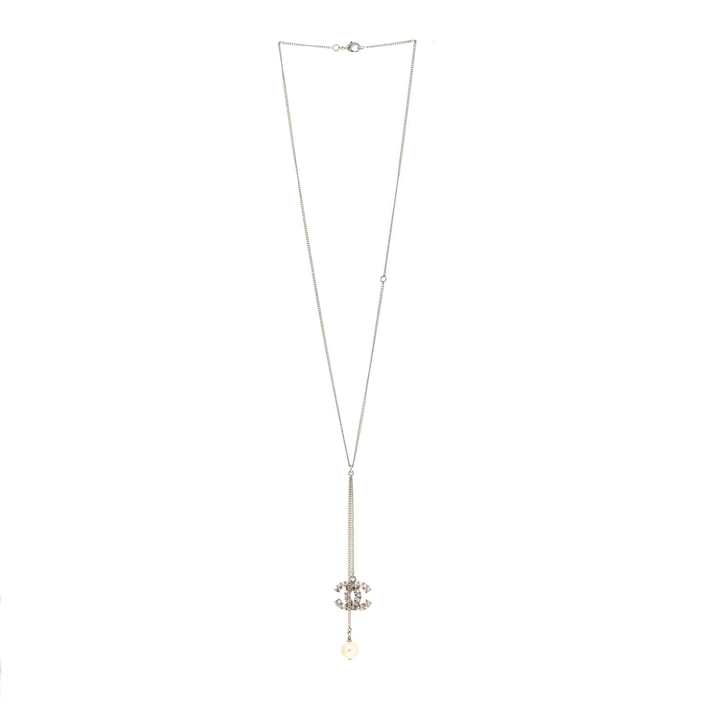 Baguette Crystal Pearl CC Lariat Necklace Silver