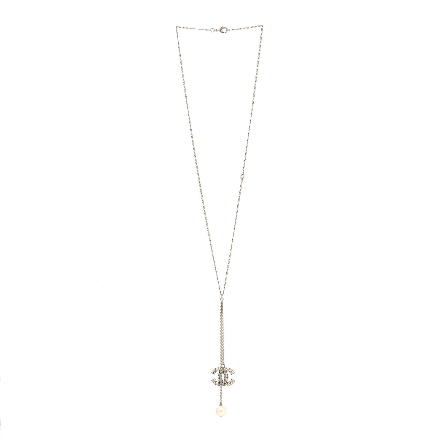 Chanel Baguette Crystal Pearl CC Lariat Necklace Silver 3 of 5