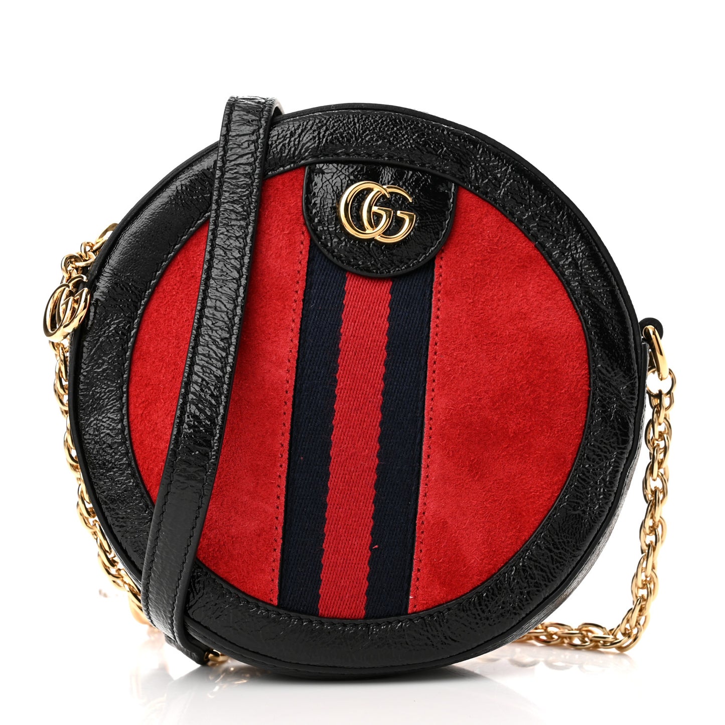 Suede Patent Web Mini Ophidia Round Shoulder Bag Hibiscus Red Black