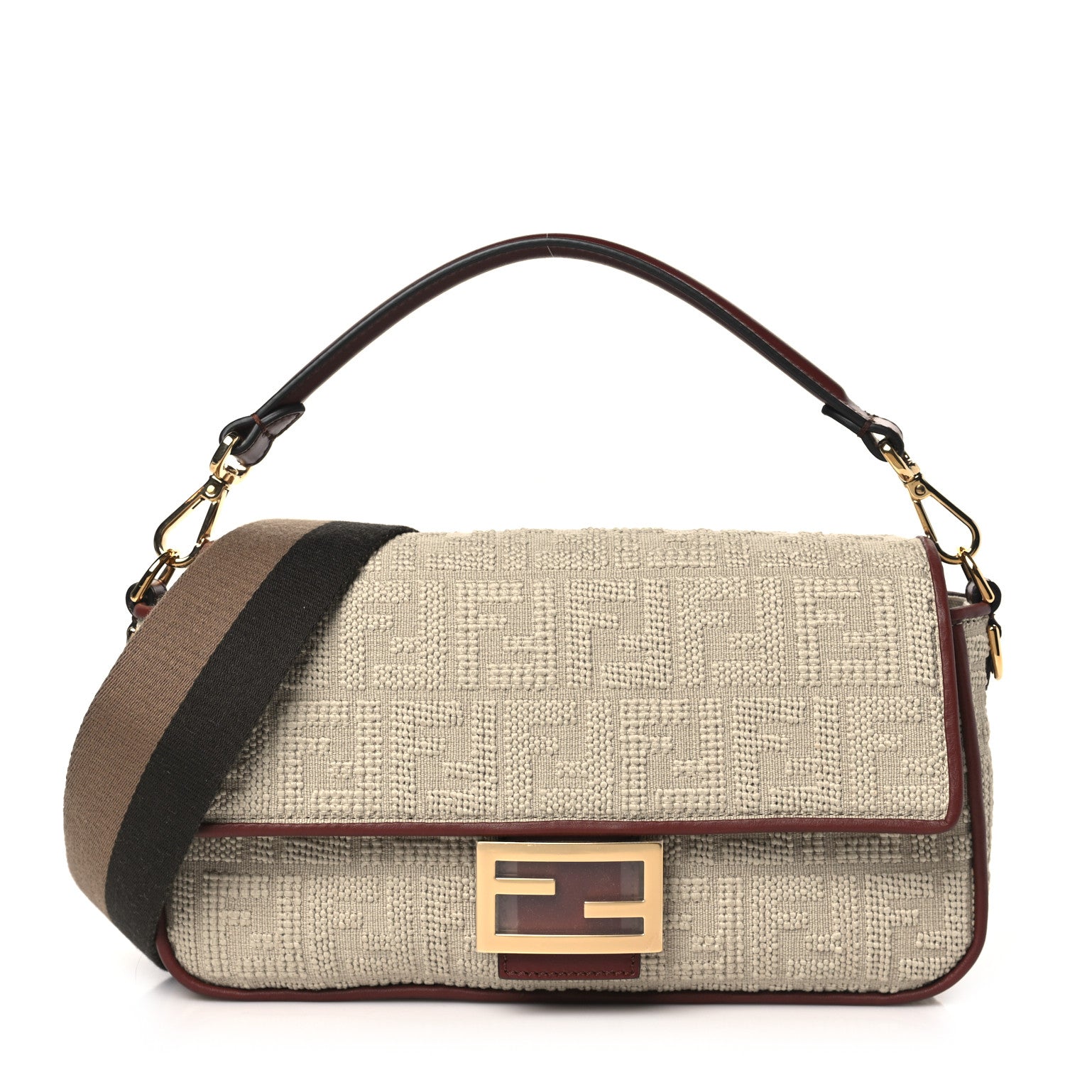 Fendi Sardinian Jacquard Vitello King FF 1974 Embroidered Baguette Corda Praline 1 of 11