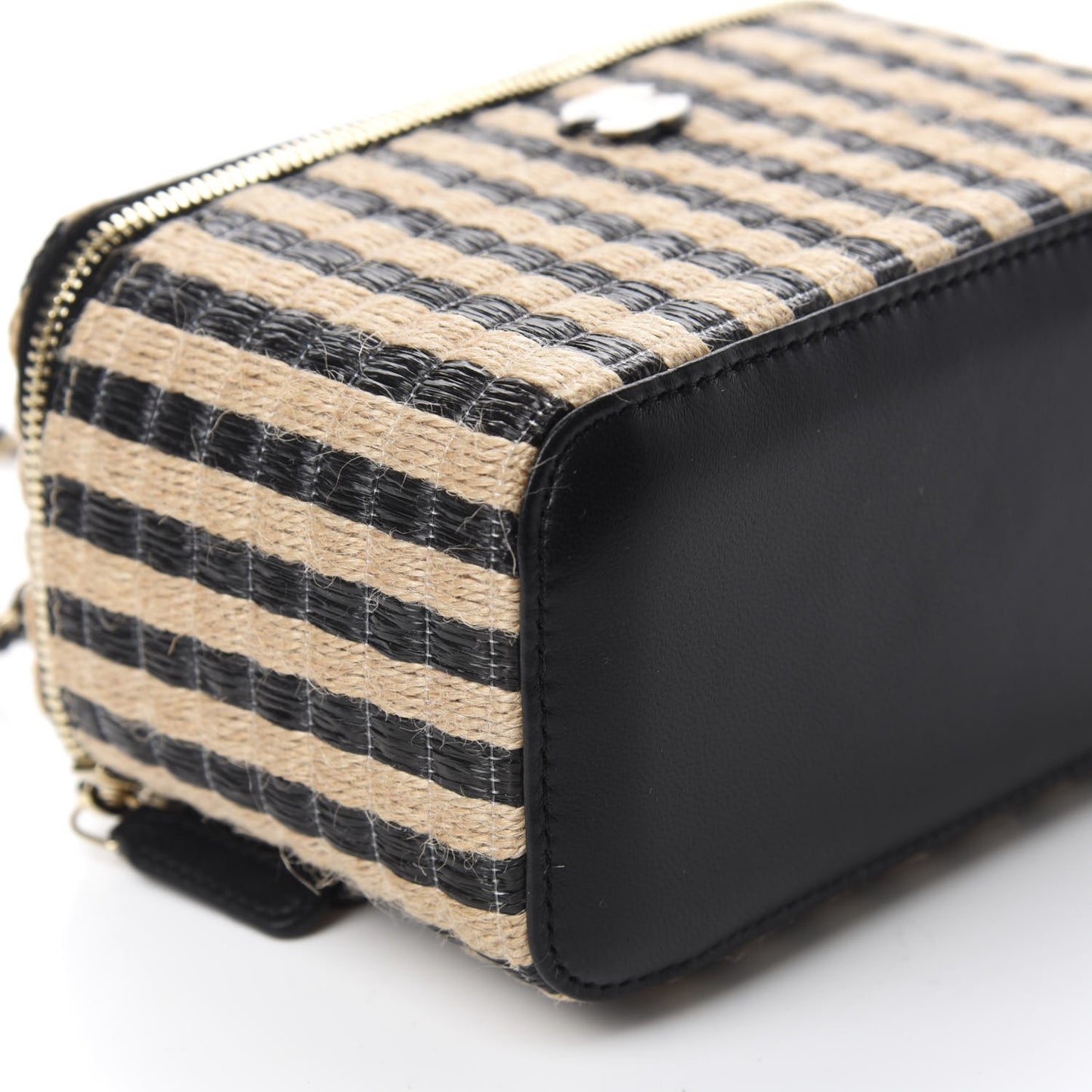 Raffia Jute Striped Small Vanity Case With Chain Black Beige