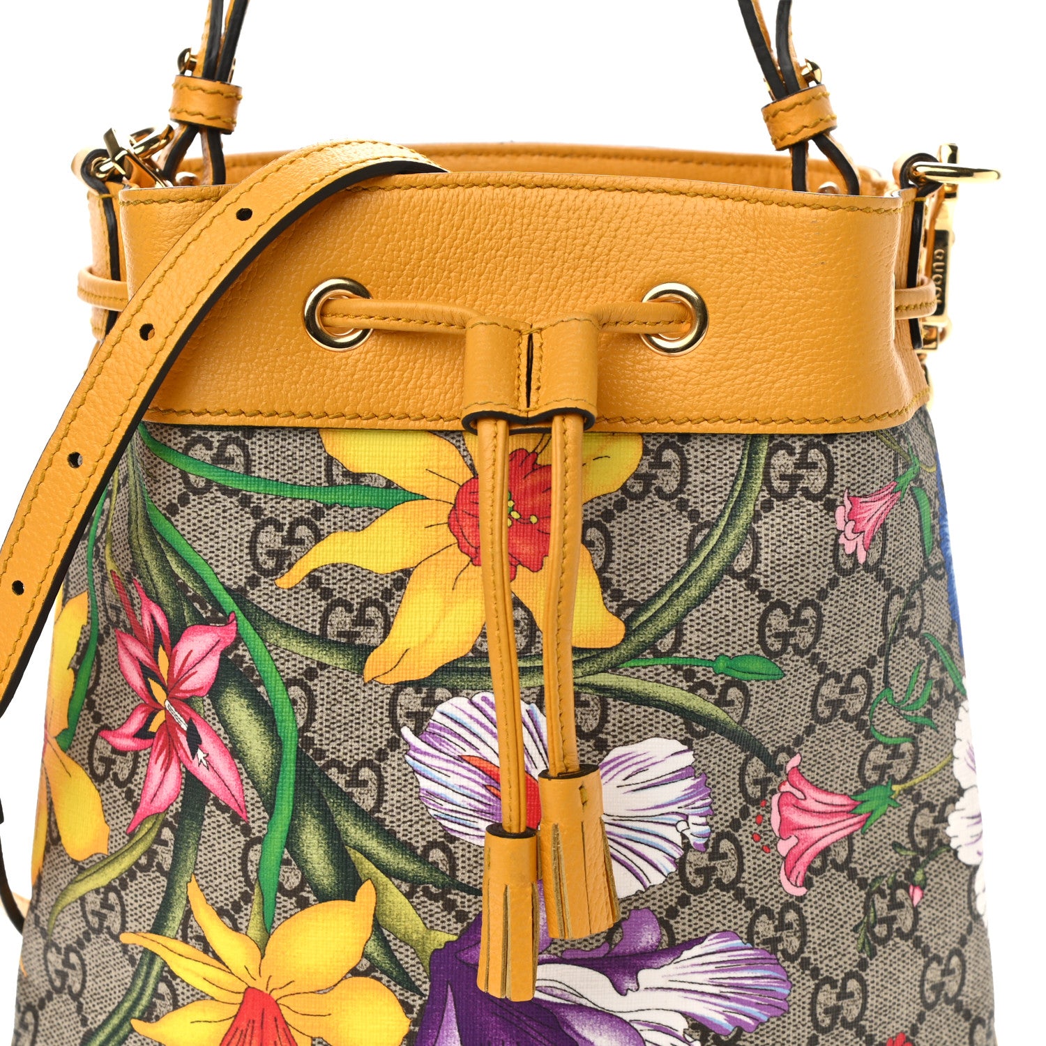 Gucci GG Supreme Monogram Flora Small Ophidia Bucket Bag Beige Multicolor Crop 8 of 11