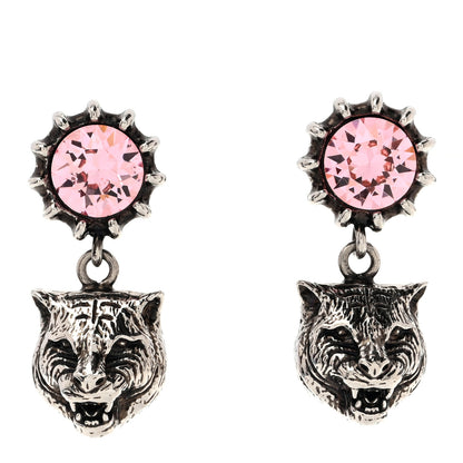 Gucci Metal Crystal Feline Head Earrings Silver Pink 1 of 5