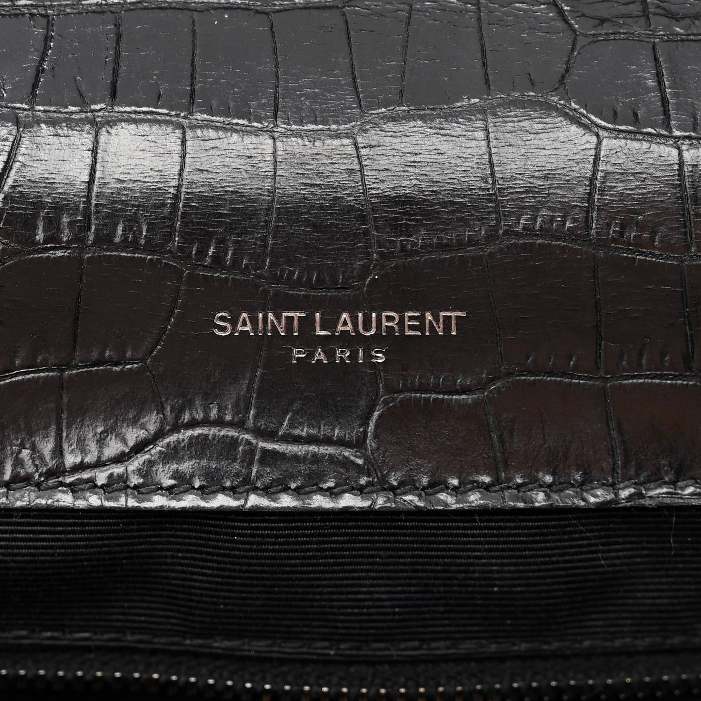 Calfskin Crocodile Embossed Monogram Large Satchel Black