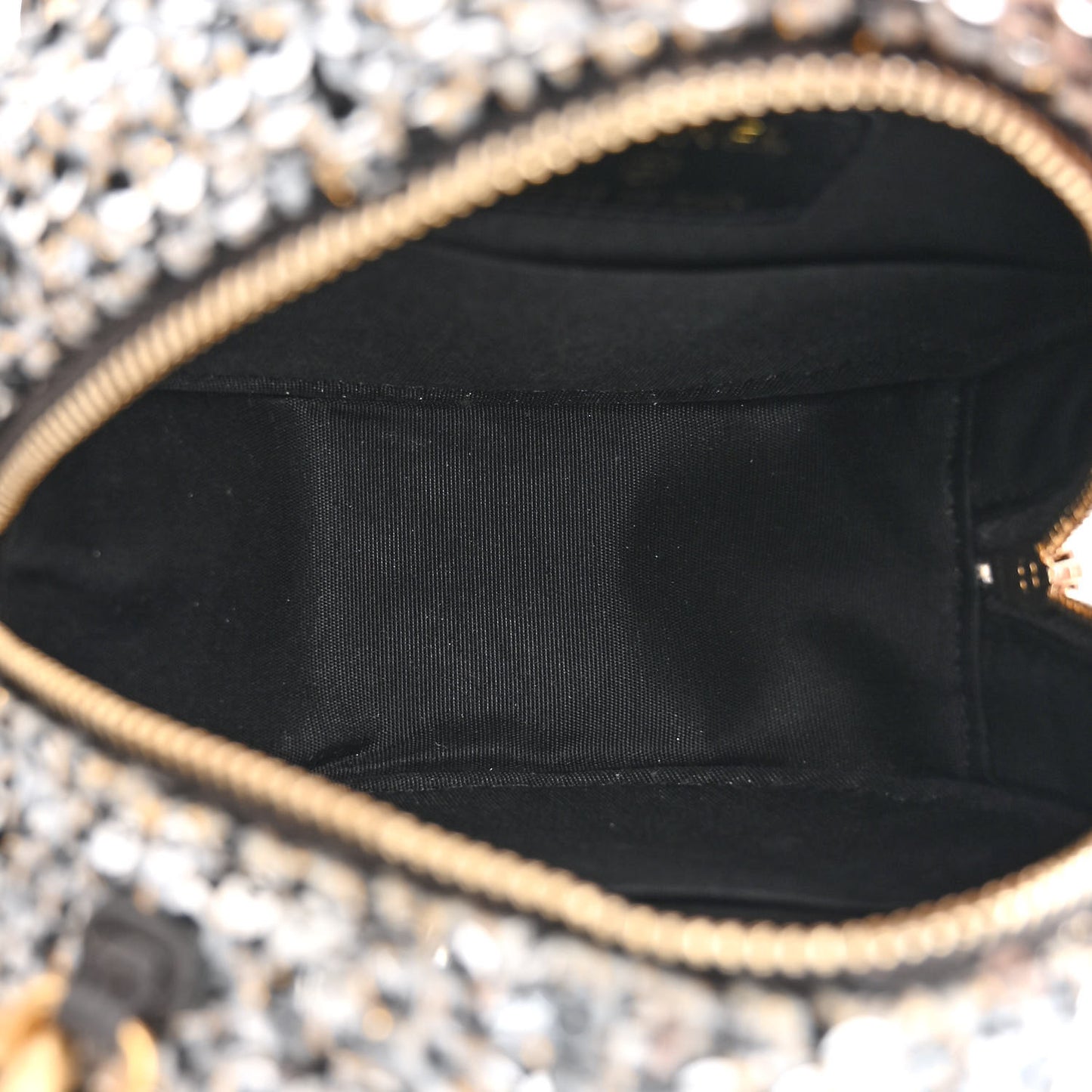 Sequin Chanel 19 Round Clutch With Chain Silver Black