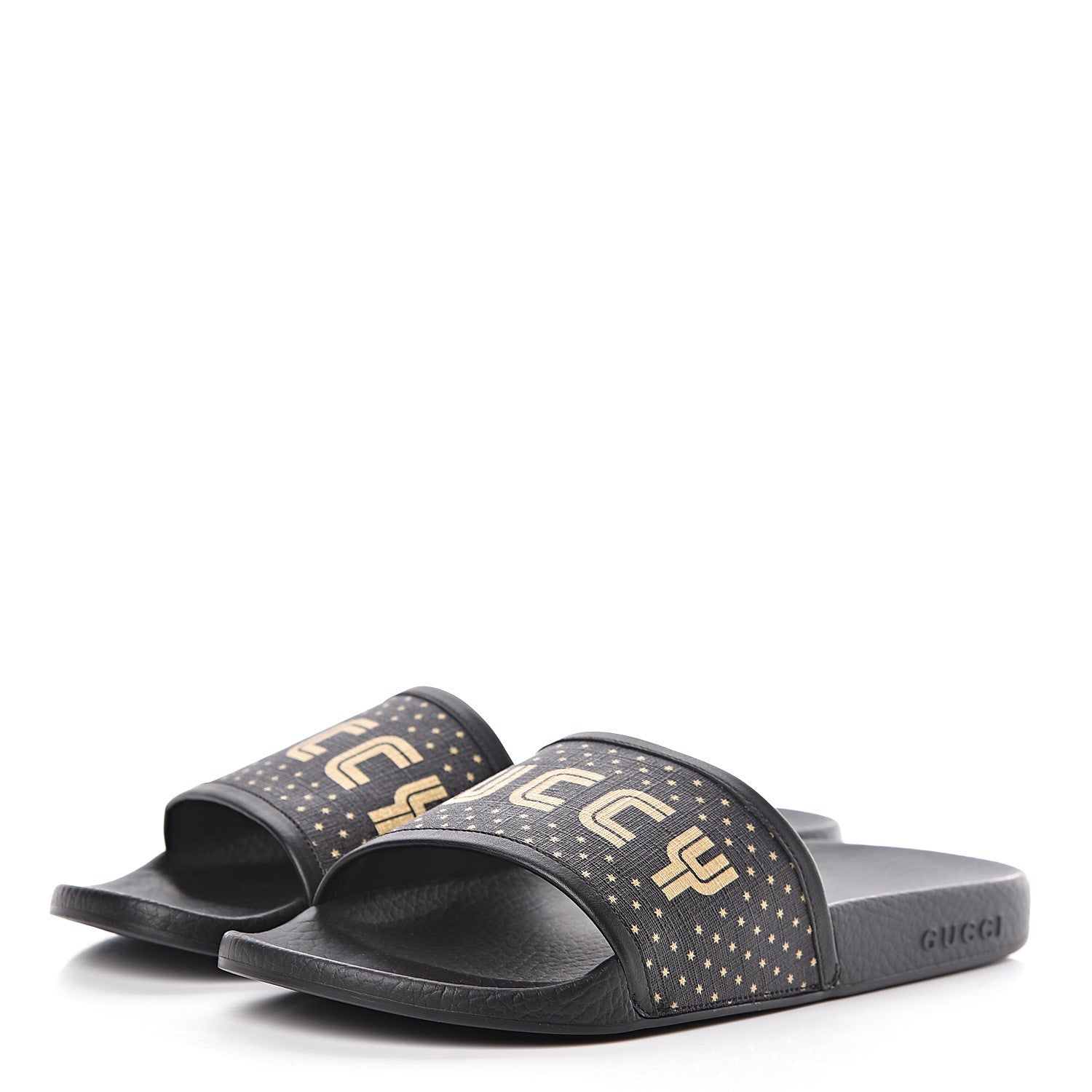 Gucci X SEGA Supreme Canvas GUCCY Stars Womens Slide Sandals 40 Black Gold 3 of 9