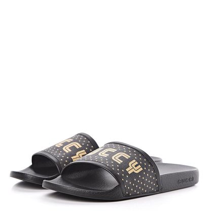 Gucci X SEGA Supreme Canvas GUCCY Stars Womens Slide Sandals 40 Black Gold 3 of 9