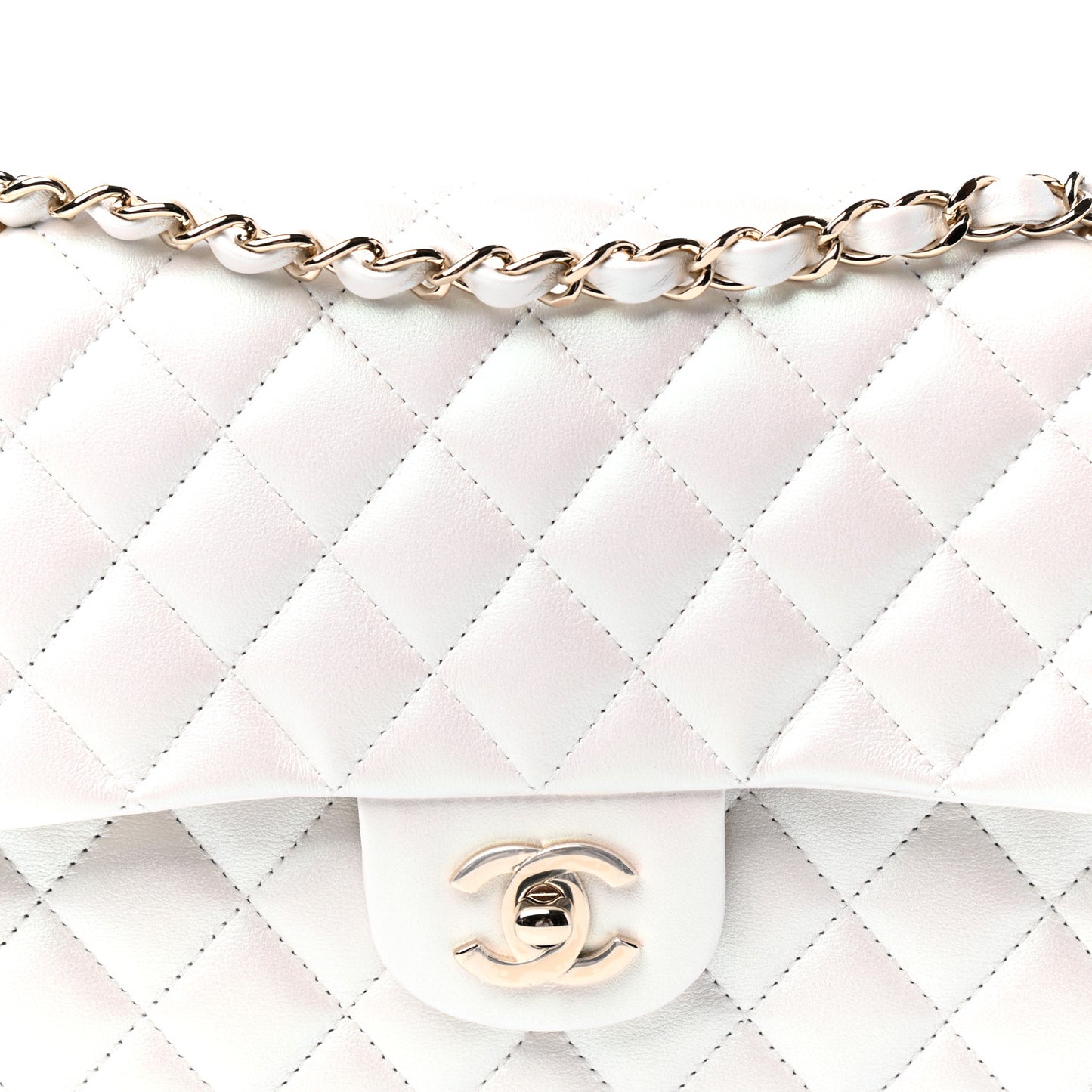 Iridescent Calfskin Quilted Medium Double Flap White