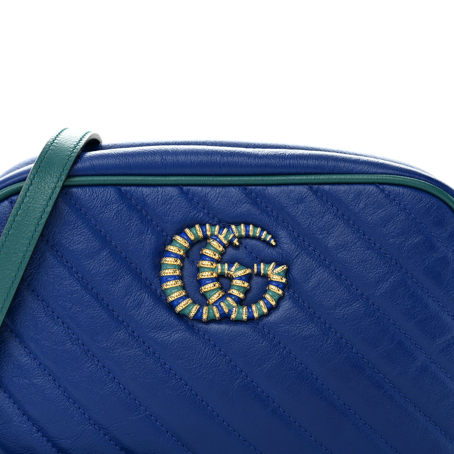 Azalea Calfskin Enamel Matelasse Diagonal Small Torchon GG Marmont Chain Shoulder Bag Imperial Blue Pavone